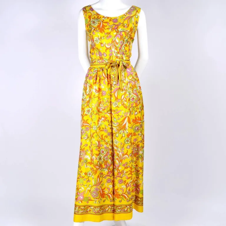 1970s Vintage Yellow Palazzo Pant Jumpsuit with Floral Designs