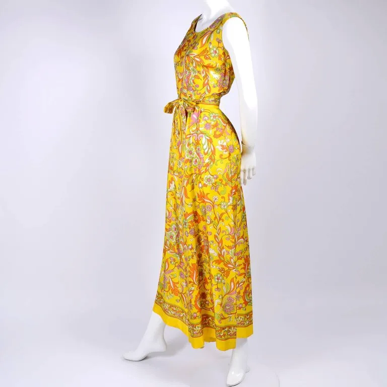 1970s Vintage Yellow Palazzo Pant Jumpsuit with Floral Designs