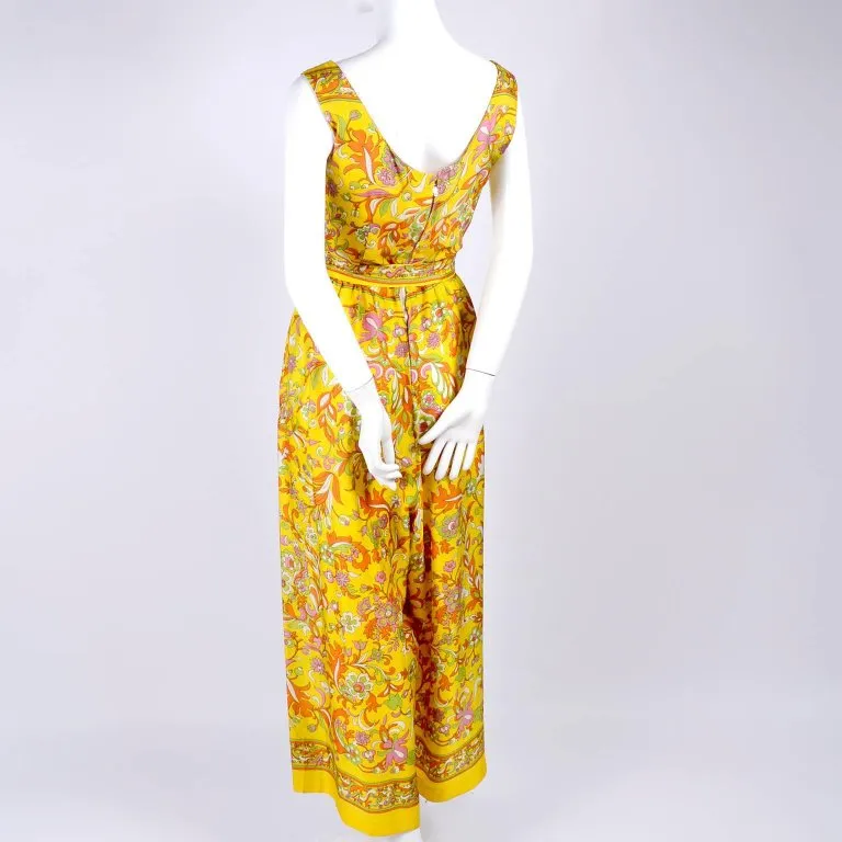 1970s Vintage Yellow Palazzo Pant Jumpsuit with Floral Designs