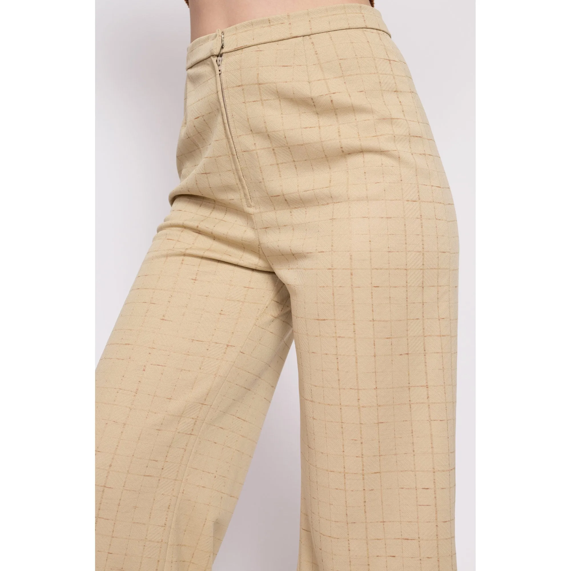 70s Tan Grid Print Wide Leg Pants - Medium, 27"-28"