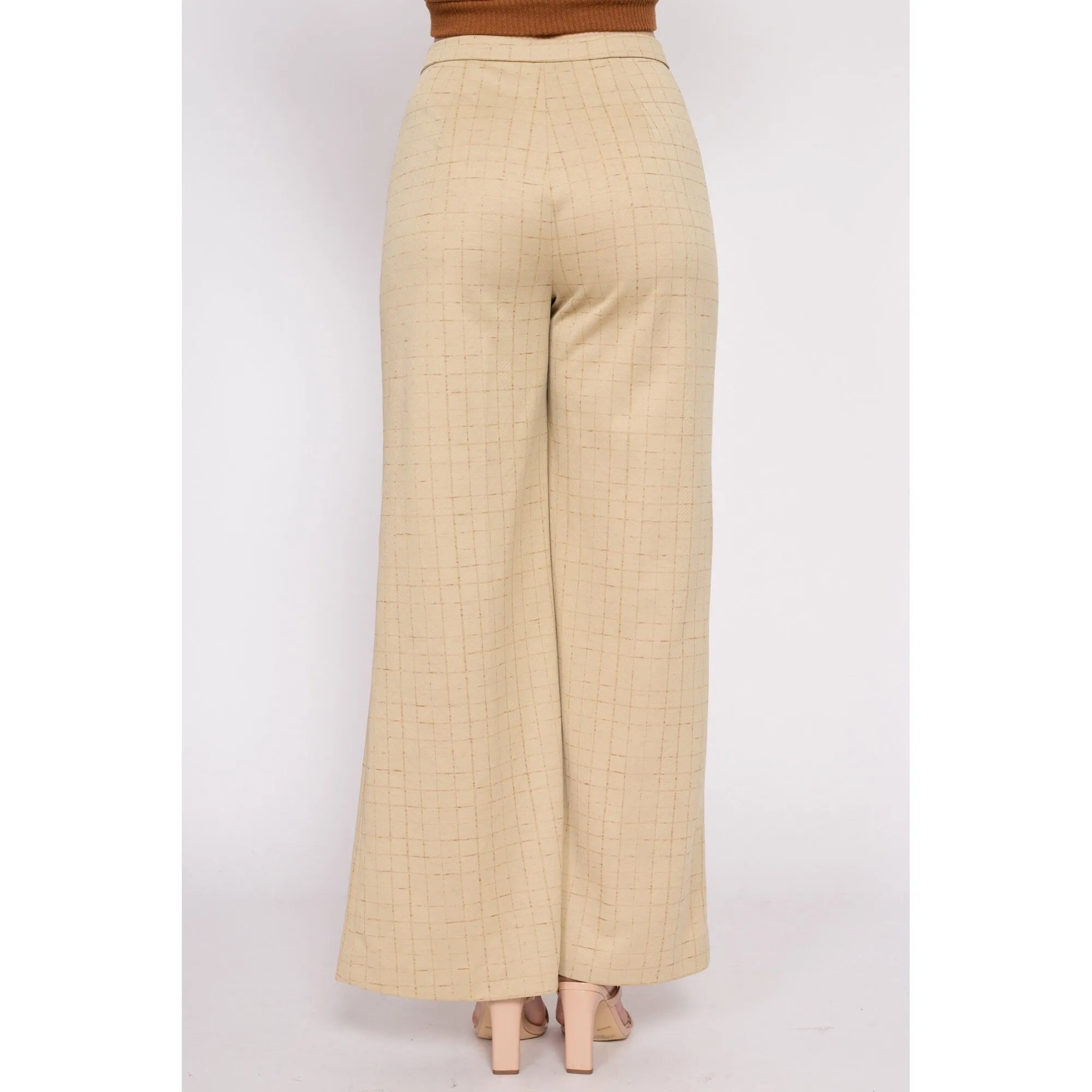 70s Tan Grid Print Wide Leg Pants - Medium, 27"-28"