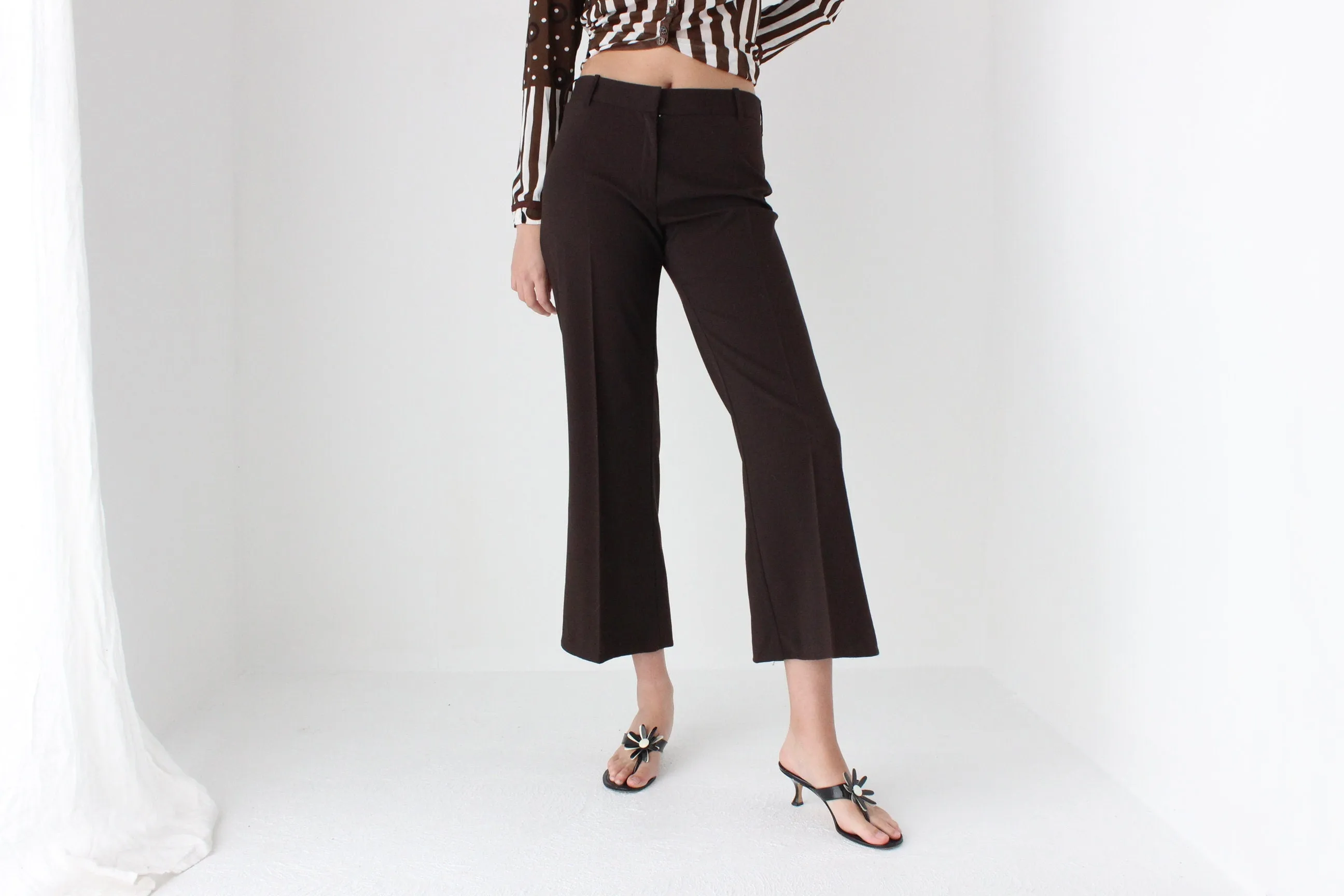 90s Minimal Chocolate Flared, Cropped Trousers