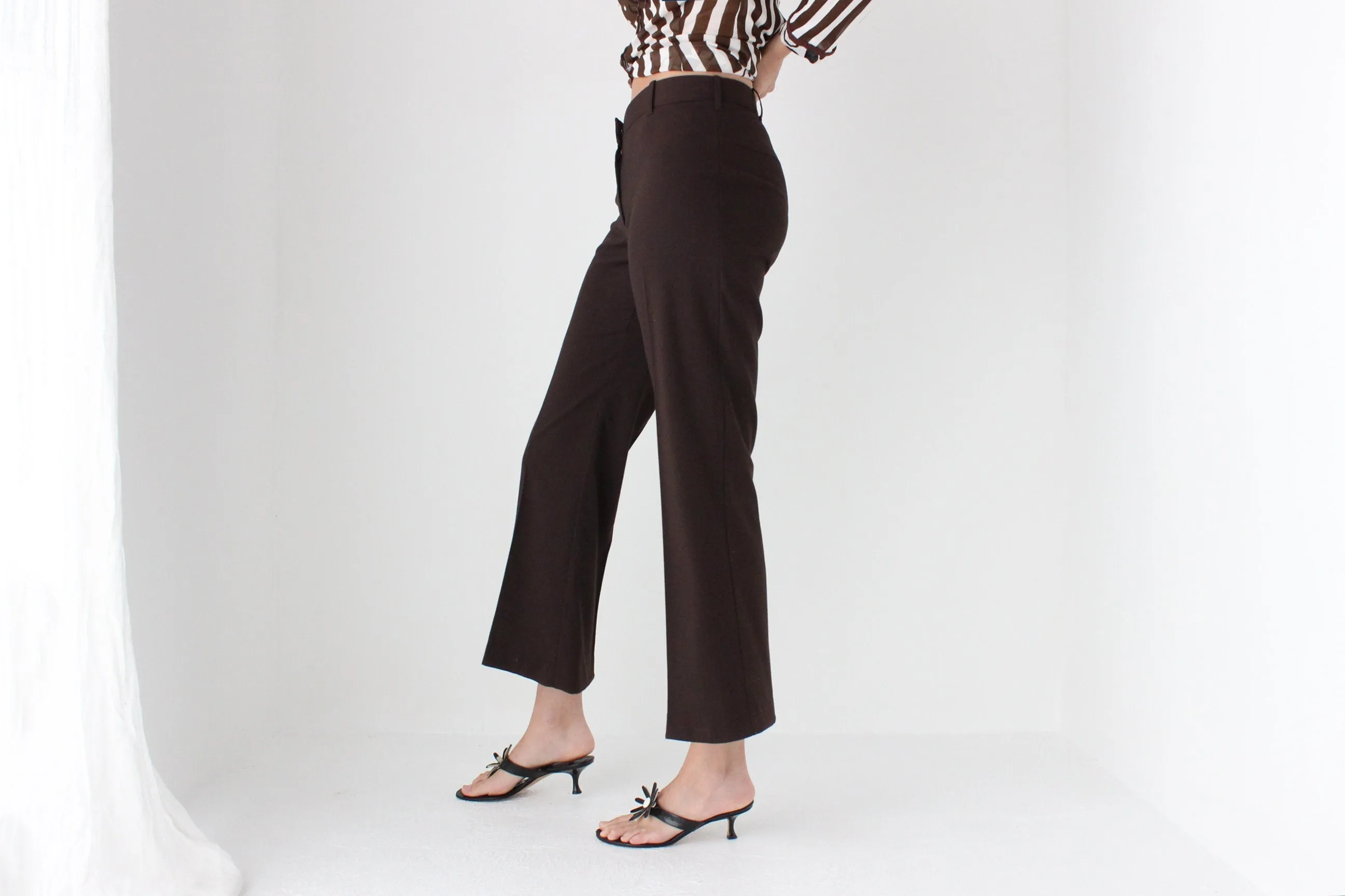 90s Minimal Chocolate Flared, Cropped Trousers