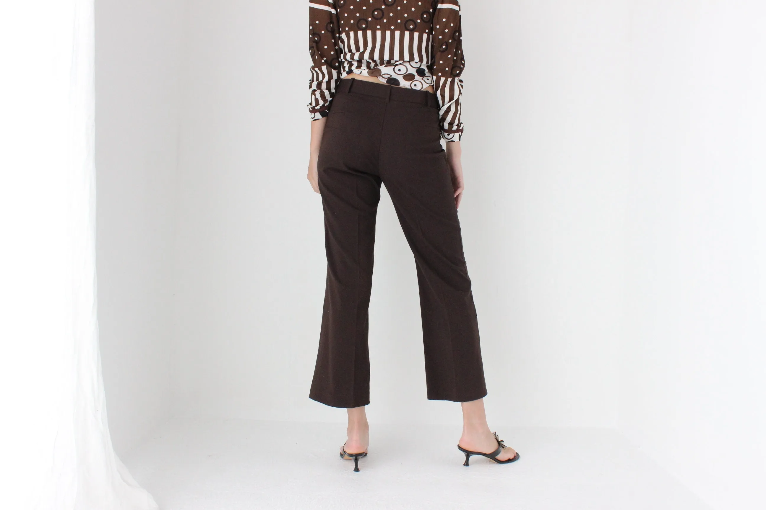 90s Minimal Chocolate Flared, Cropped Trousers