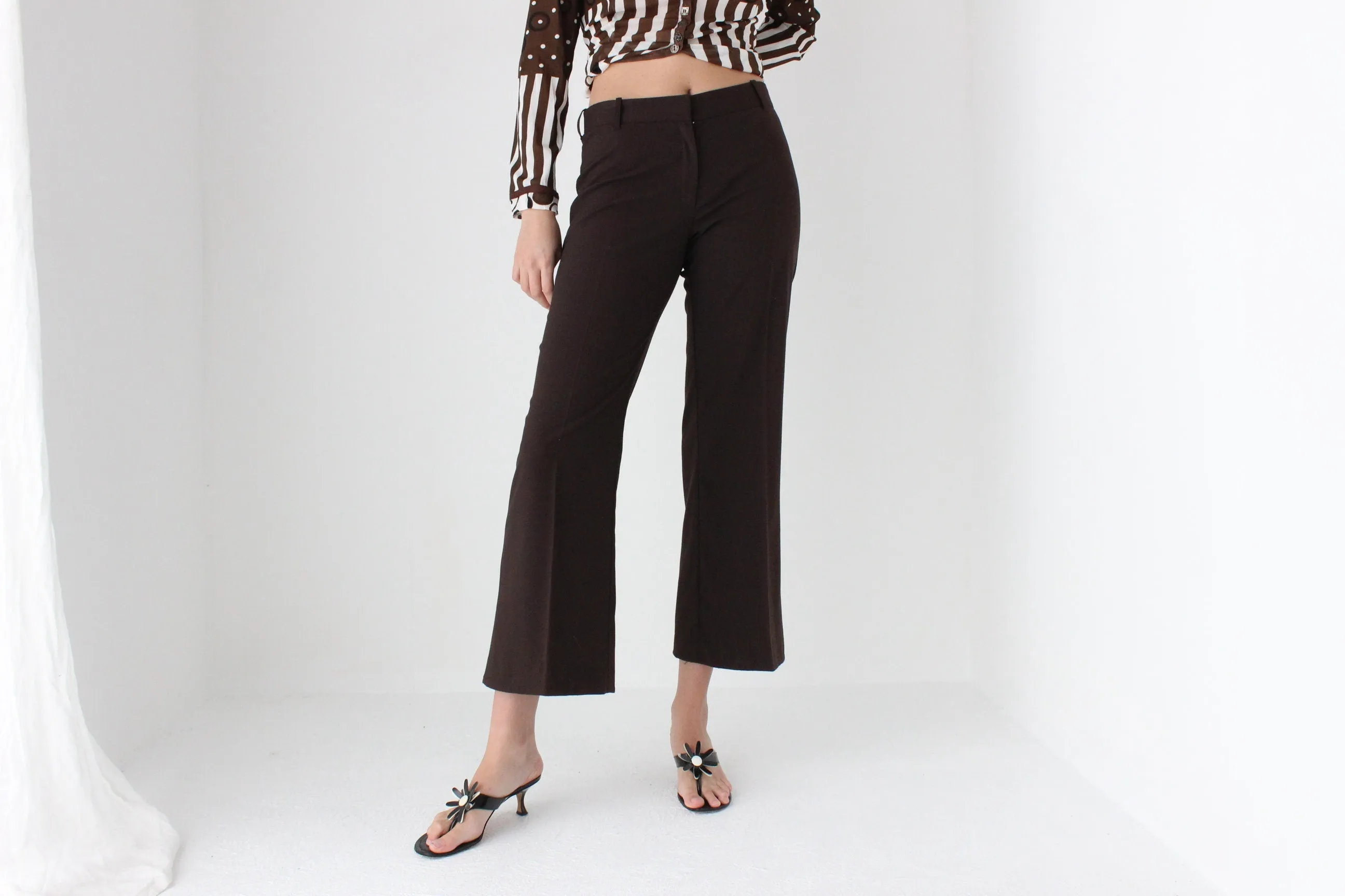 90s Minimal Chocolate Flared, Cropped Trousers