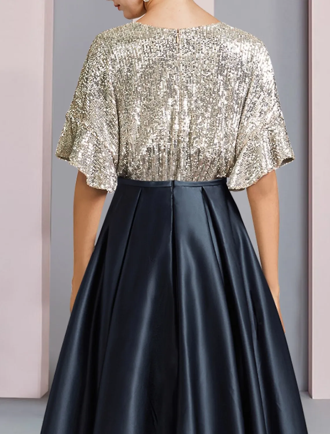 A-Line Mother of the Bride Dress Wedding Guest Elegant Sparkle & Shine High Low V Neck Asymmetrical Tea Length Satin Sequined Short Sleeve with Pleats