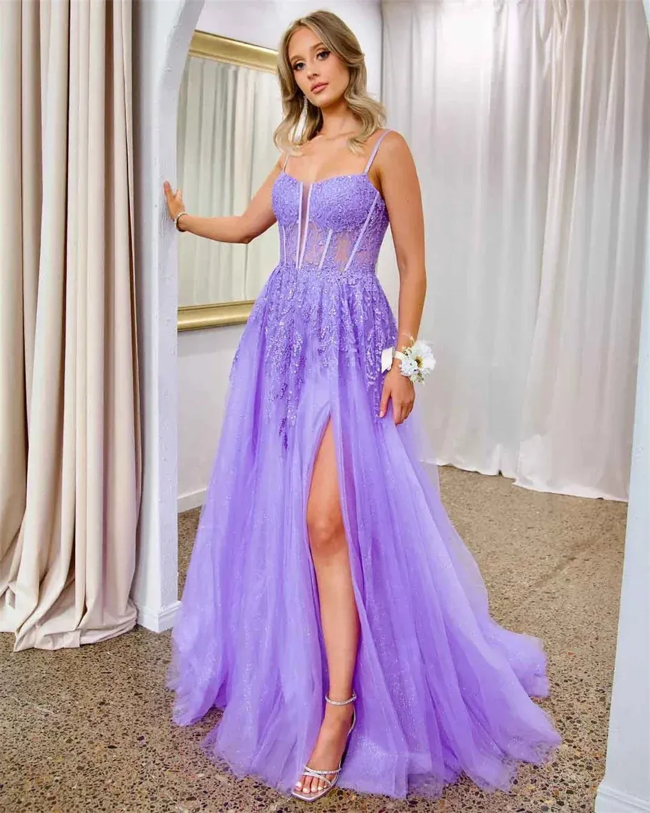 A-Line Prom Dress Spaghetti Straps Sequin Applique Tulle Evening Birthday Party Dress    fg5627