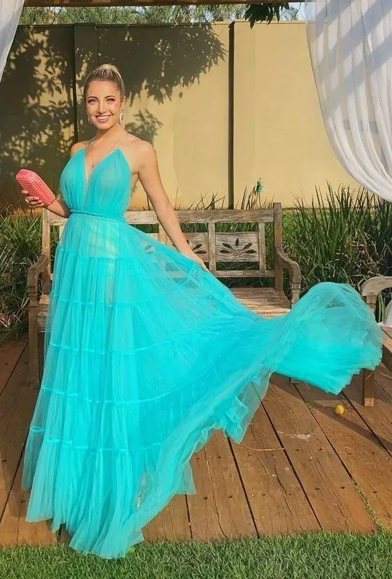 A-line Spaghetti Straps V-neck Tulle Long Formal Evening Dress      fg3009