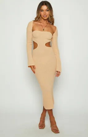 Alba Beige Long Sleeve Knit Midi Dress