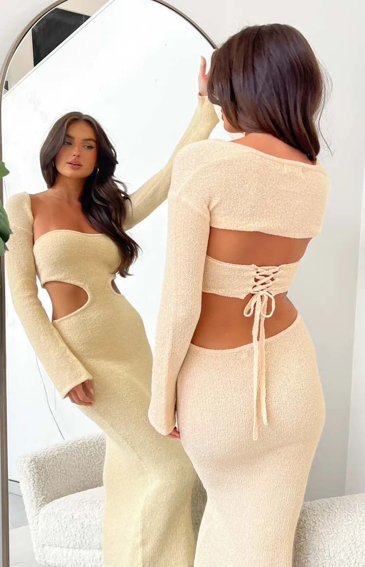 Alba Beige Long Sleeve Knit Midi Dress