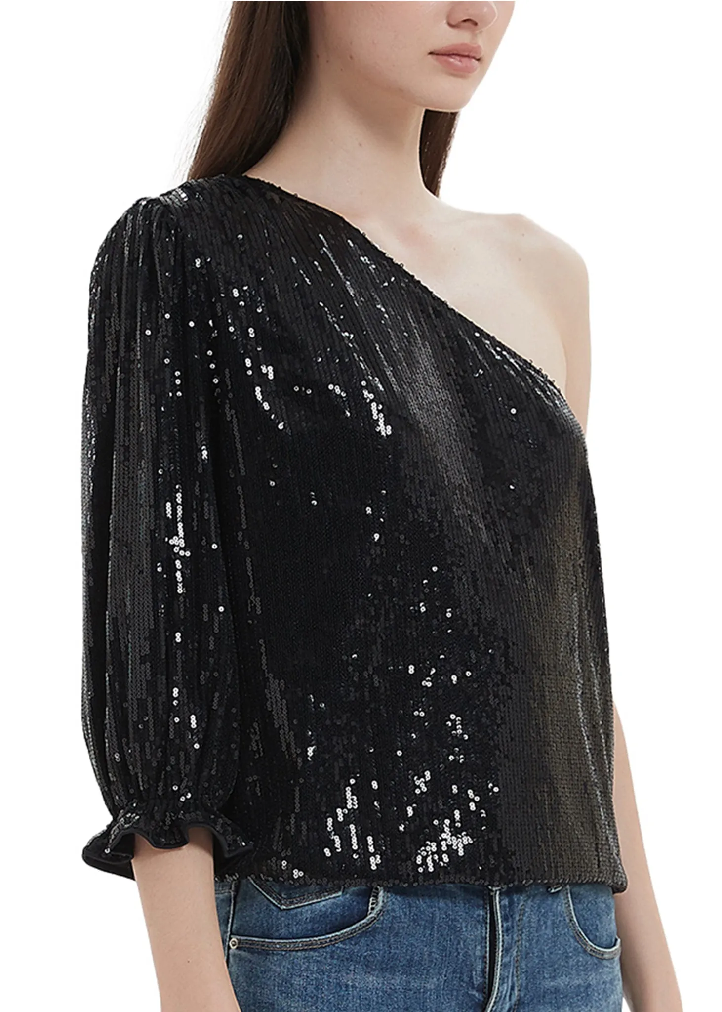 Anna-Kaci Summer Sparkle Sequins One Shoulder Top Blouse Cocktail Casual Glitter Sequined T-Shirt Tops