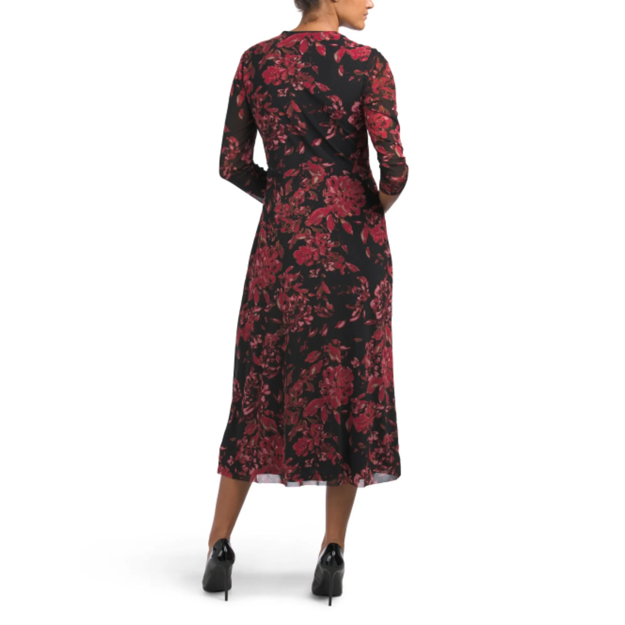 Anne Klein Women's Long Sleeve Floral Print Tie Waist Wrap Midi Dress