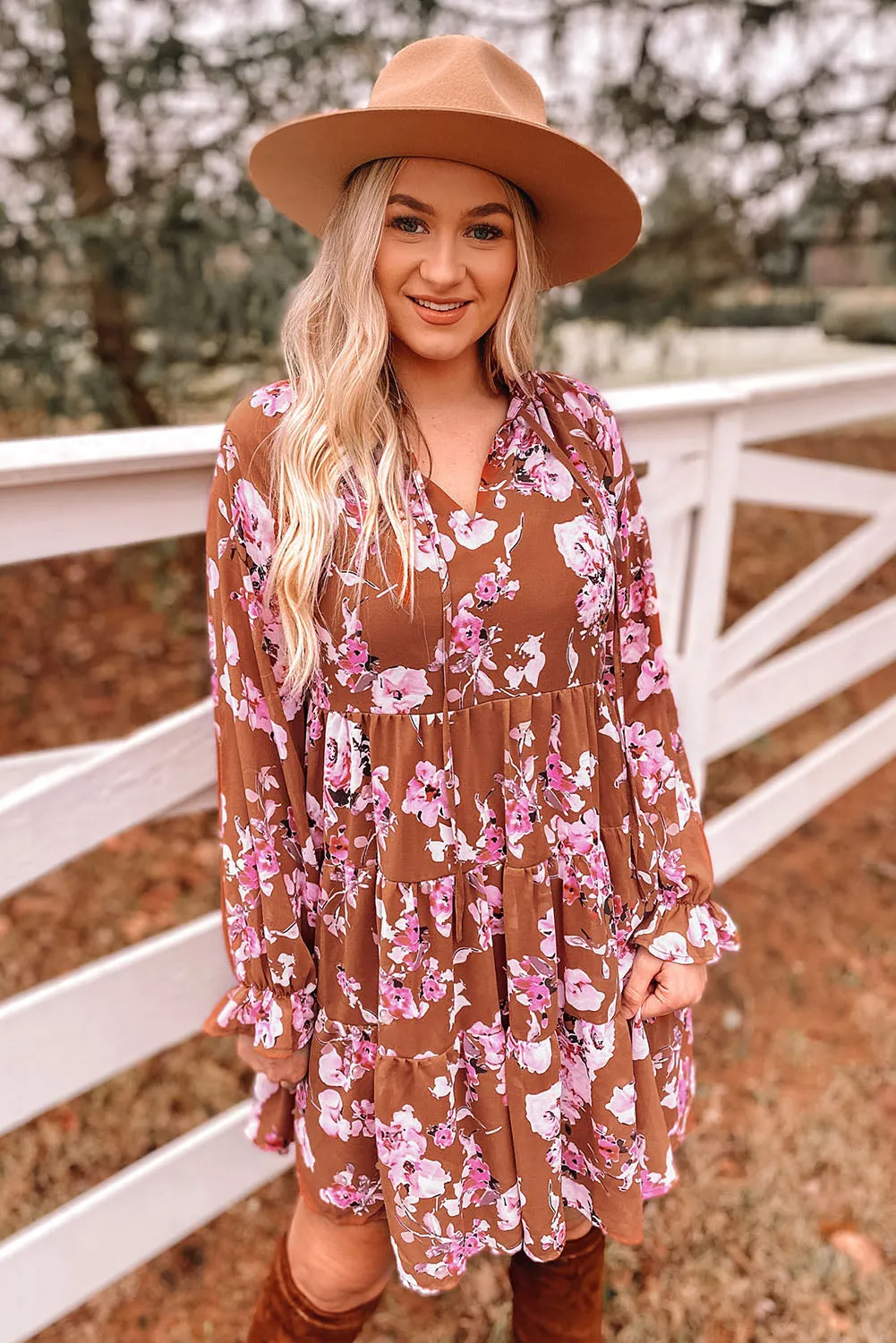 *APP EXCLUSIVE* Fall Floral Flounce Sleeve Tiered Dress