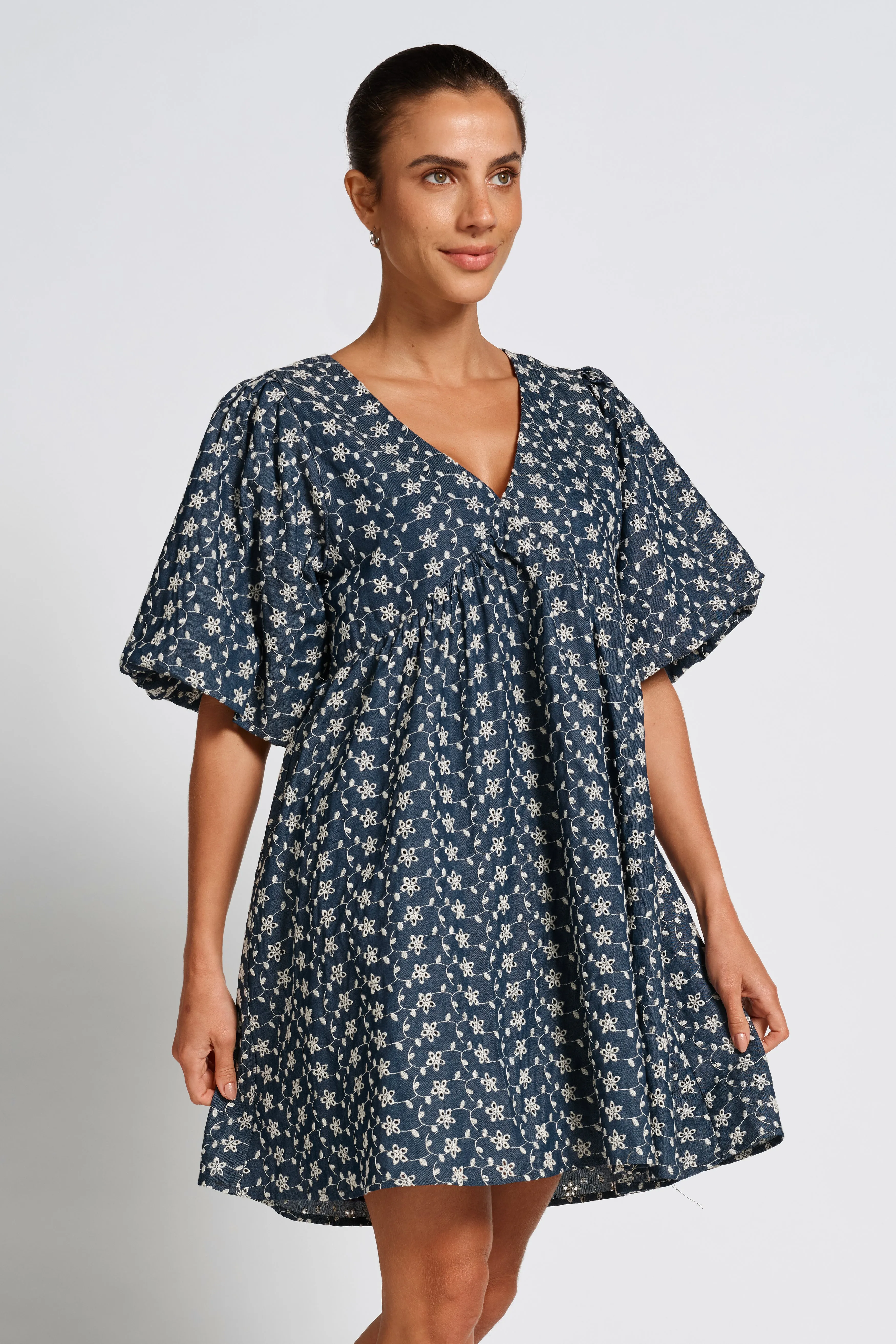 Arizona Babydoll Mini Dress - Indigo / Cream