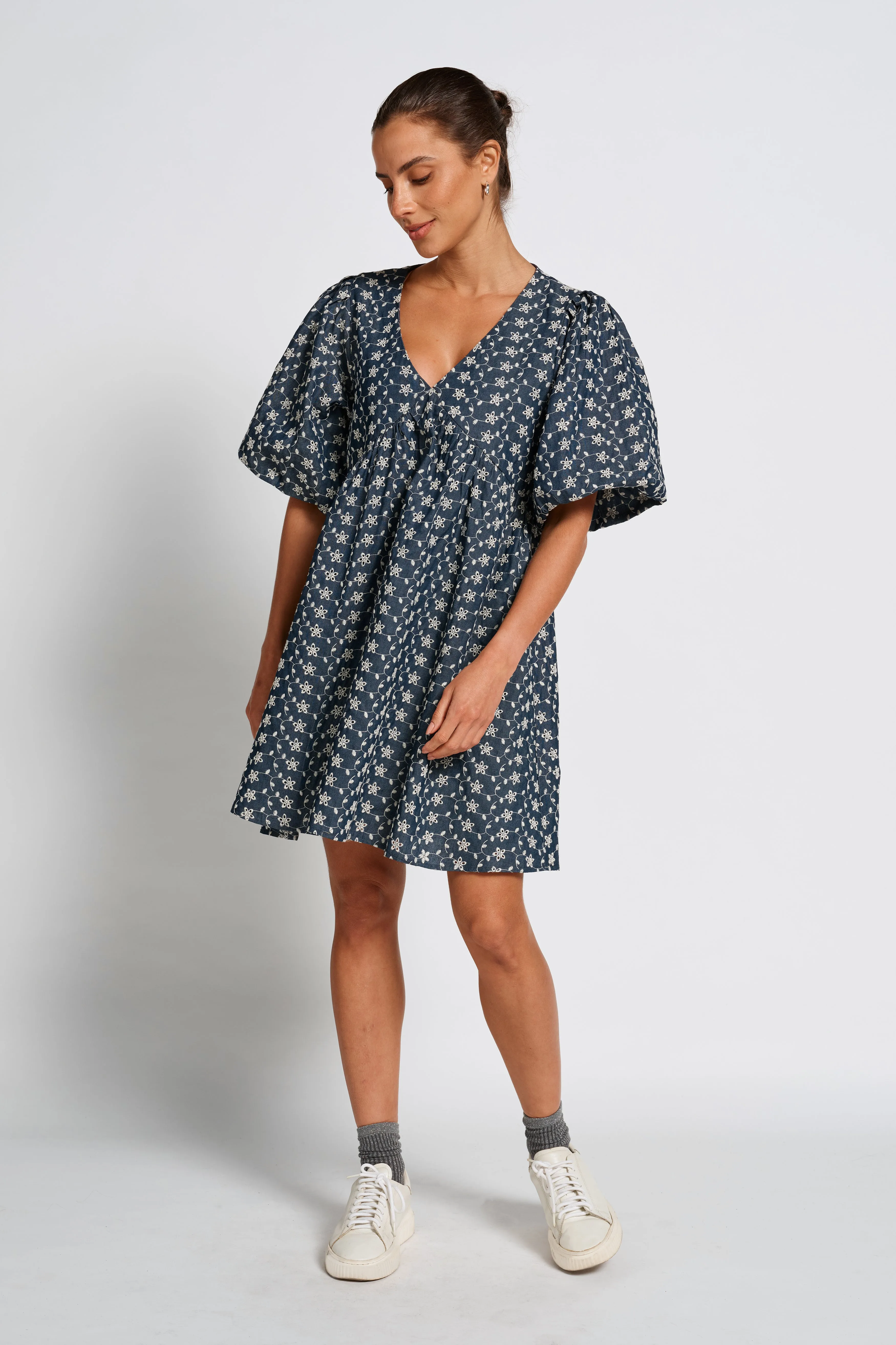 Arizona Babydoll Mini Dress - Indigo / Cream