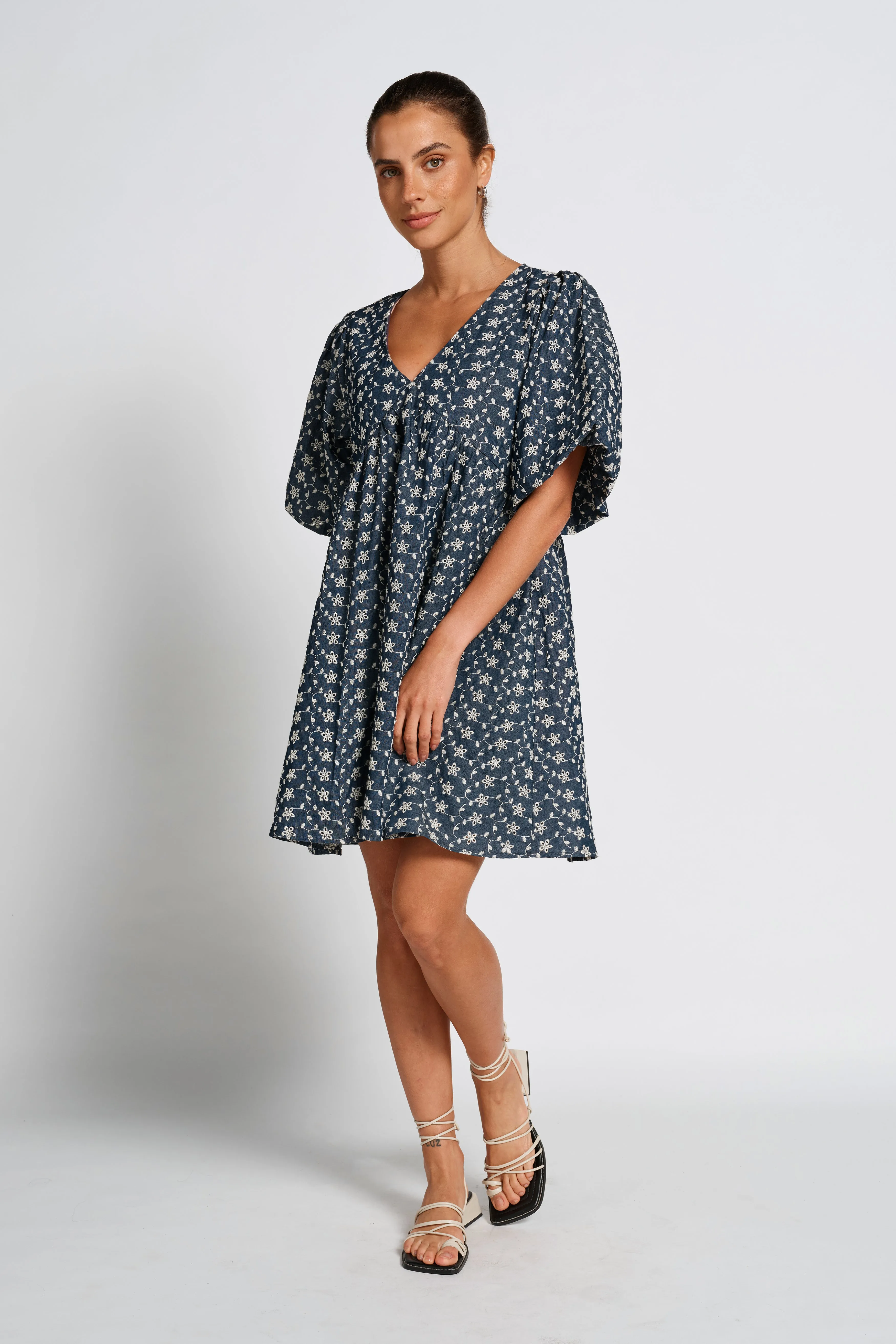 Arizona Babydoll Mini Dress - Indigo / Cream