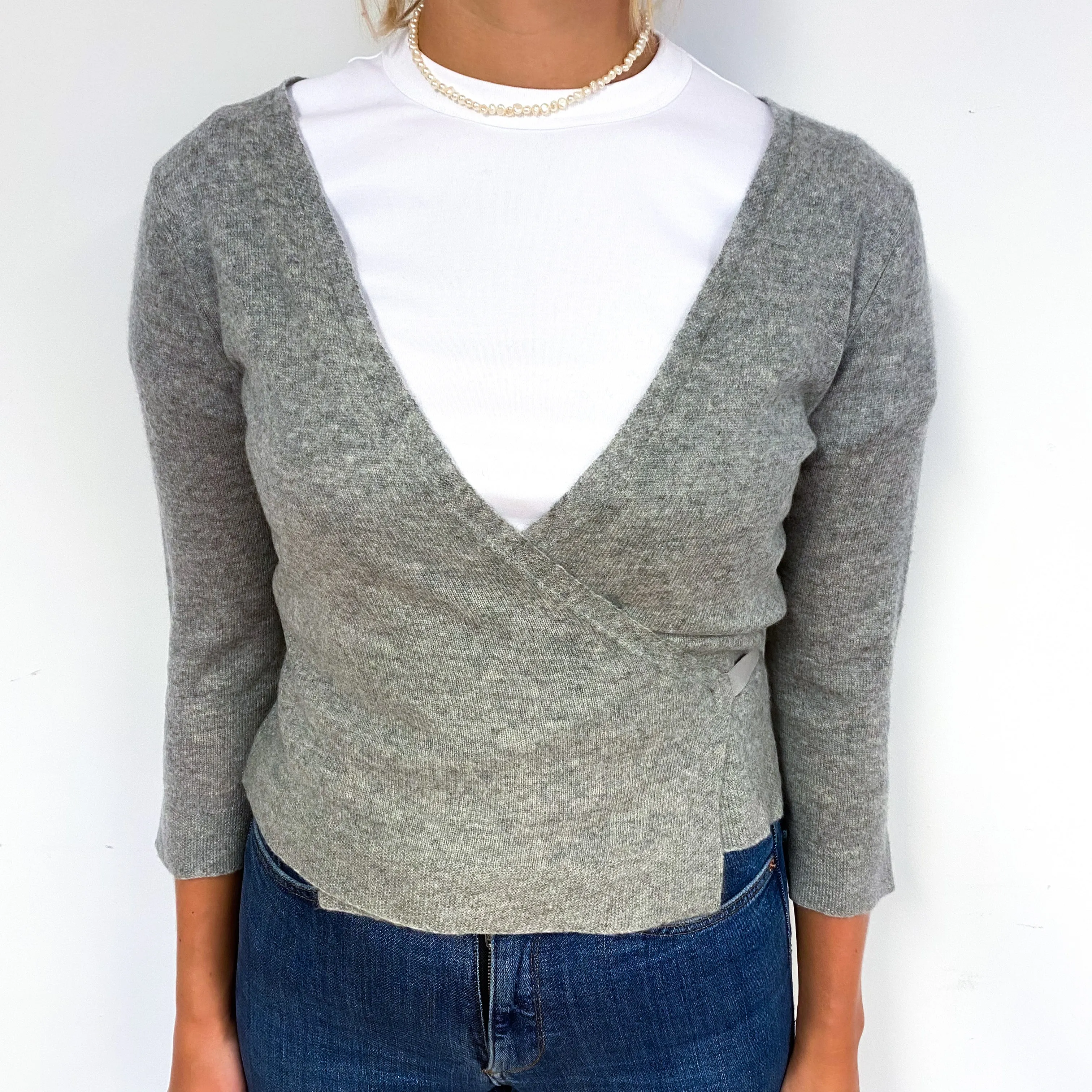 Ash Grey 3/4 Sleeve Cashmere Cross Over Cardigan Small