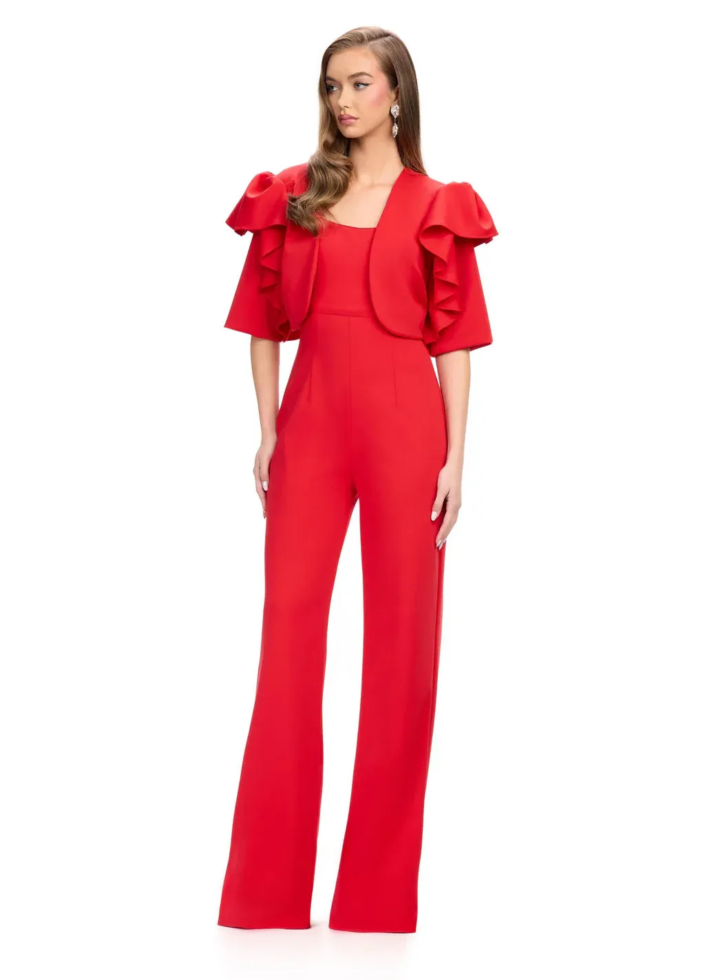 Ashley Lauren 11760 Scuba Jumpsuit with Jacket Ruffle Sleeves Wide Pants Legs