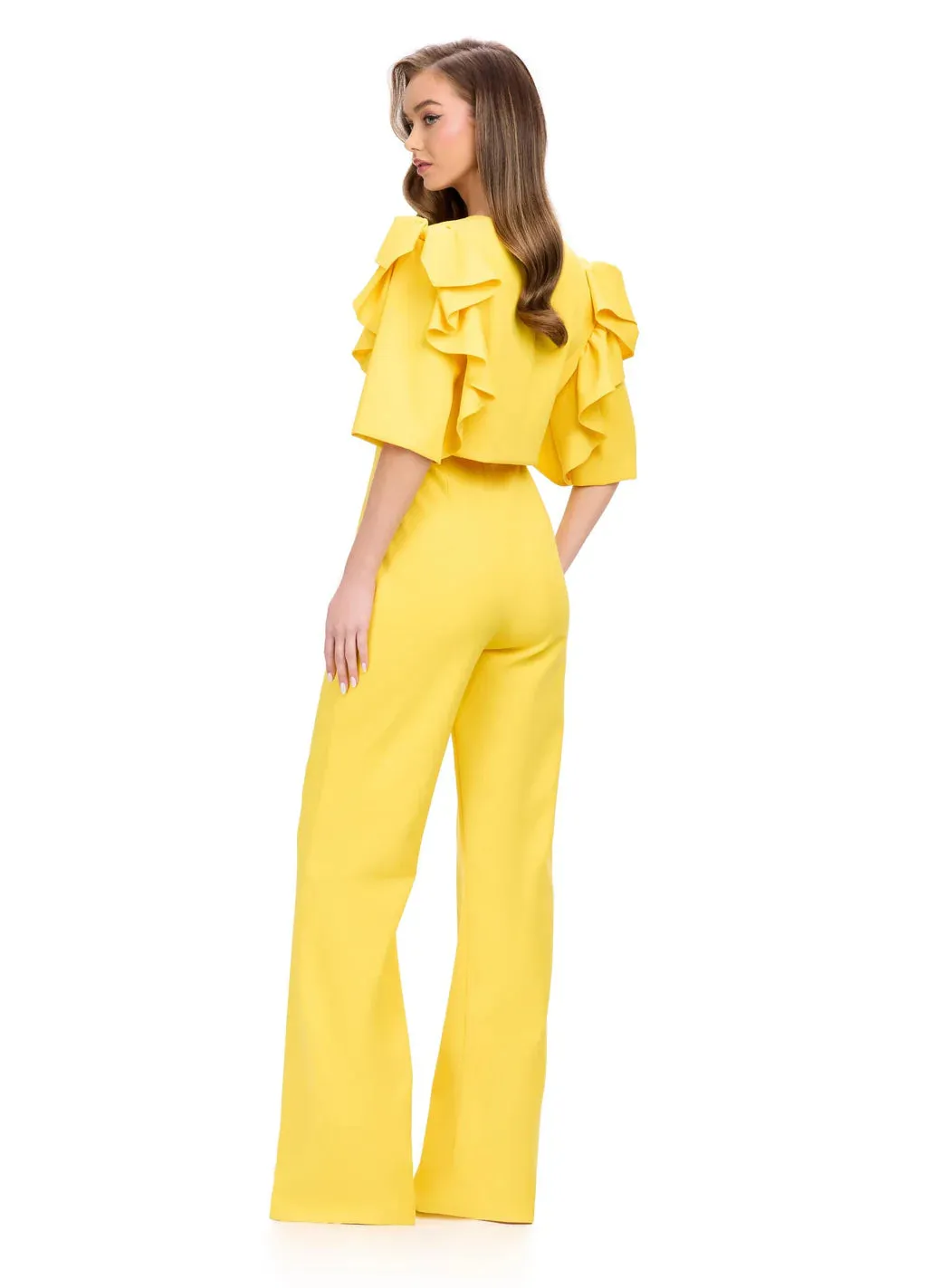 Ashley Lauren 11760 Scuba Jumpsuit with Jacket Ruffle Sleeves Wide Pants Legs