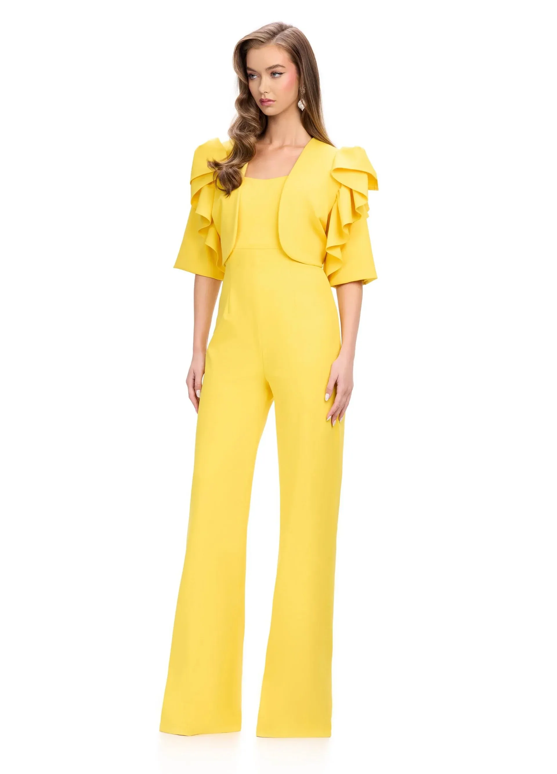 Ashley Lauren 11760 Scuba Jumpsuit with Jacket Ruffle Sleeves Wide Pants Legs