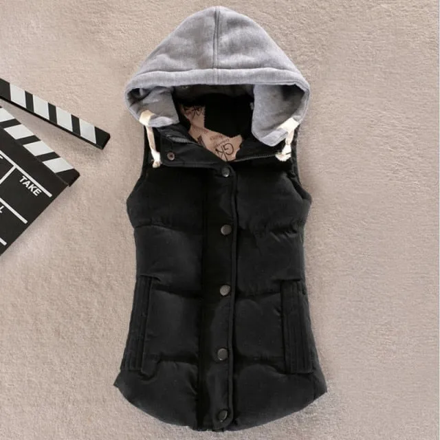 Autumn Winter Cotton Vest Women Sleeveless Hooded Casual Coat