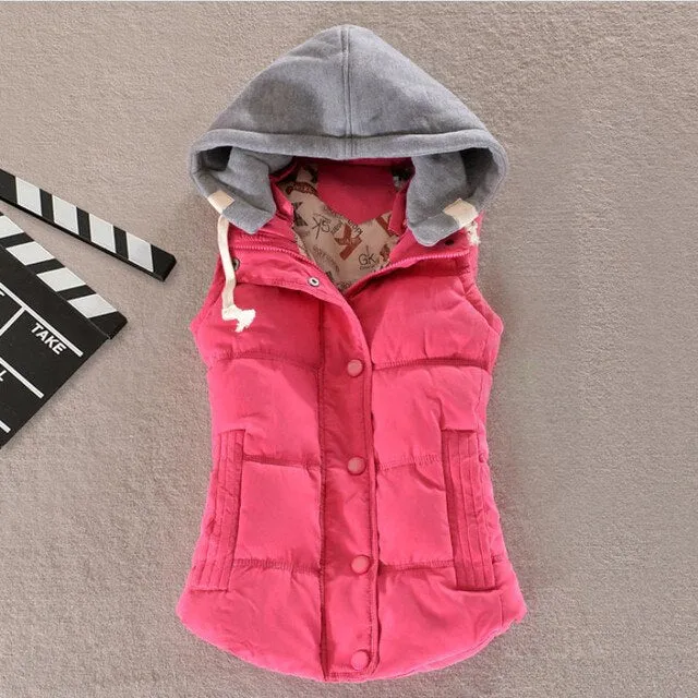 Autumn Winter Cotton Vest Women Sleeveless Hooded Casual Coat