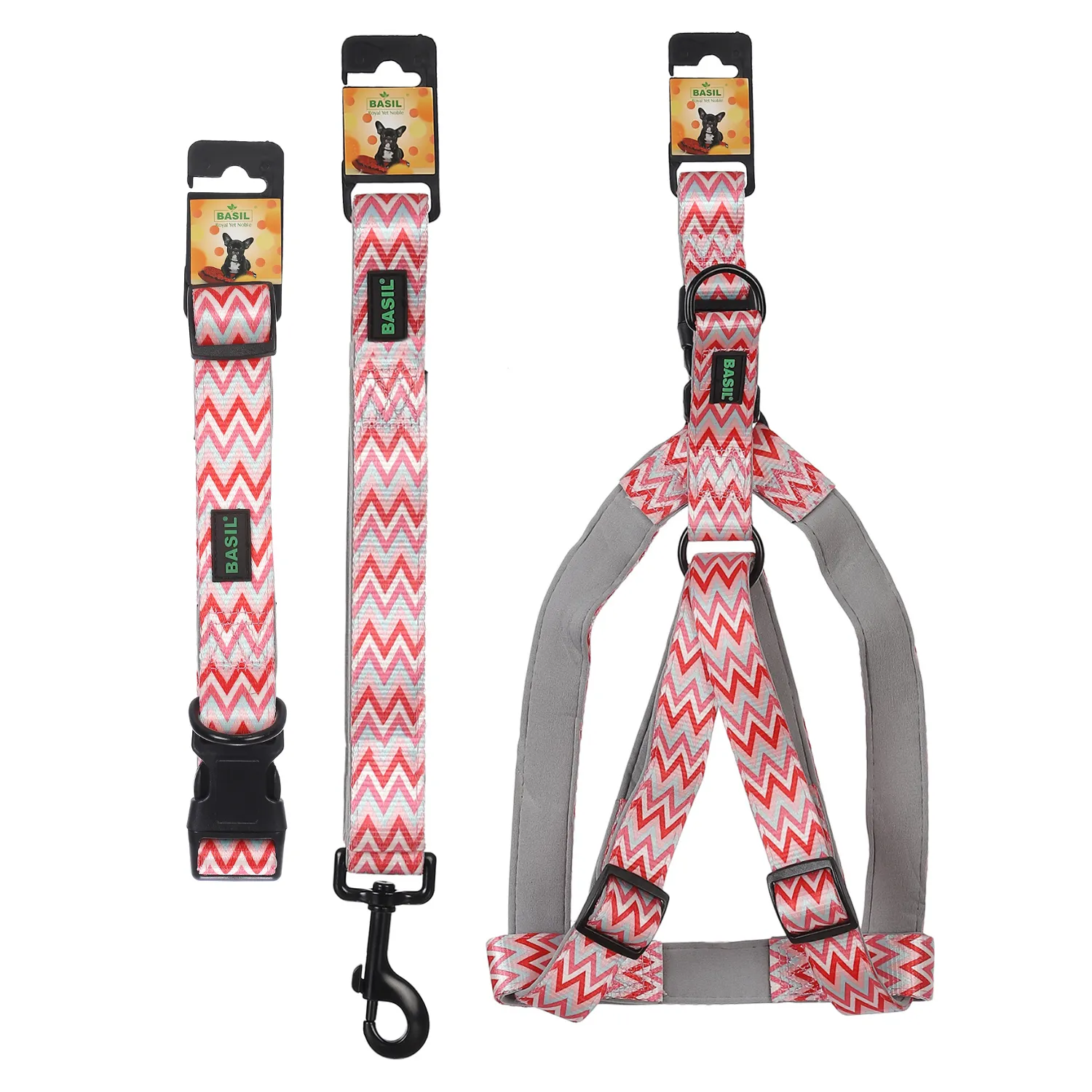 BASIL Padded Adjustable Pet Collar, 4 Ft Leash & Harness (Zig Zag, Red)