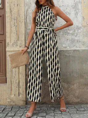 Black & Cream Printed Tie Waist & Grecian Neck Jumpsuit