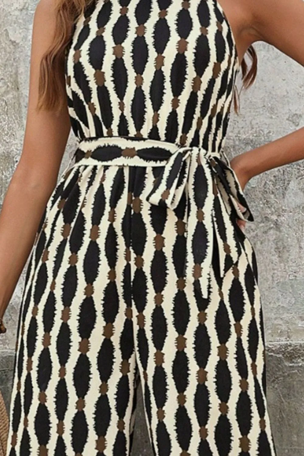 Black & Cream Printed Tie Waist & Grecian Neck Jumpsuit