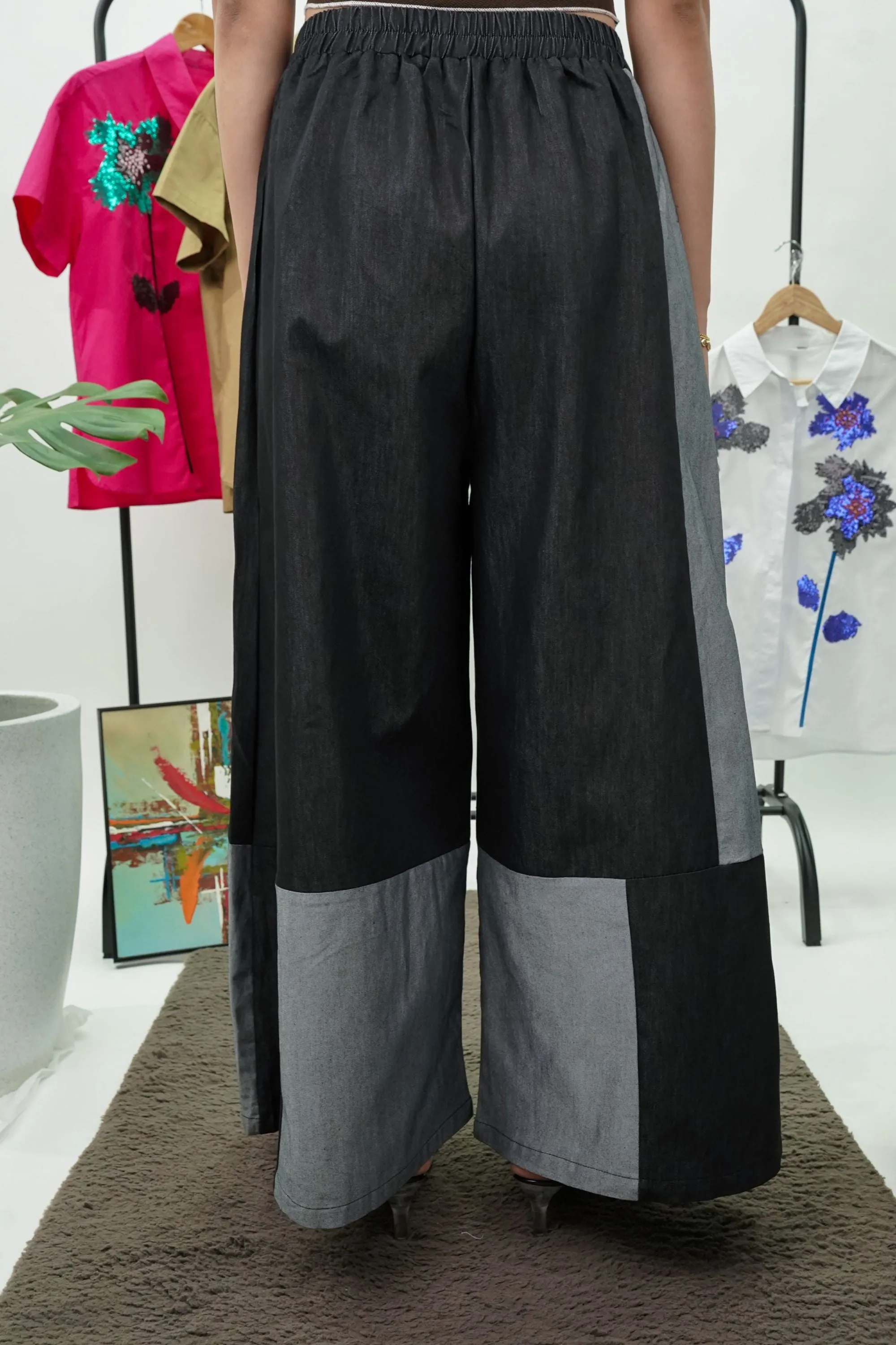 Black And Grey Wide Leg Denim Pant