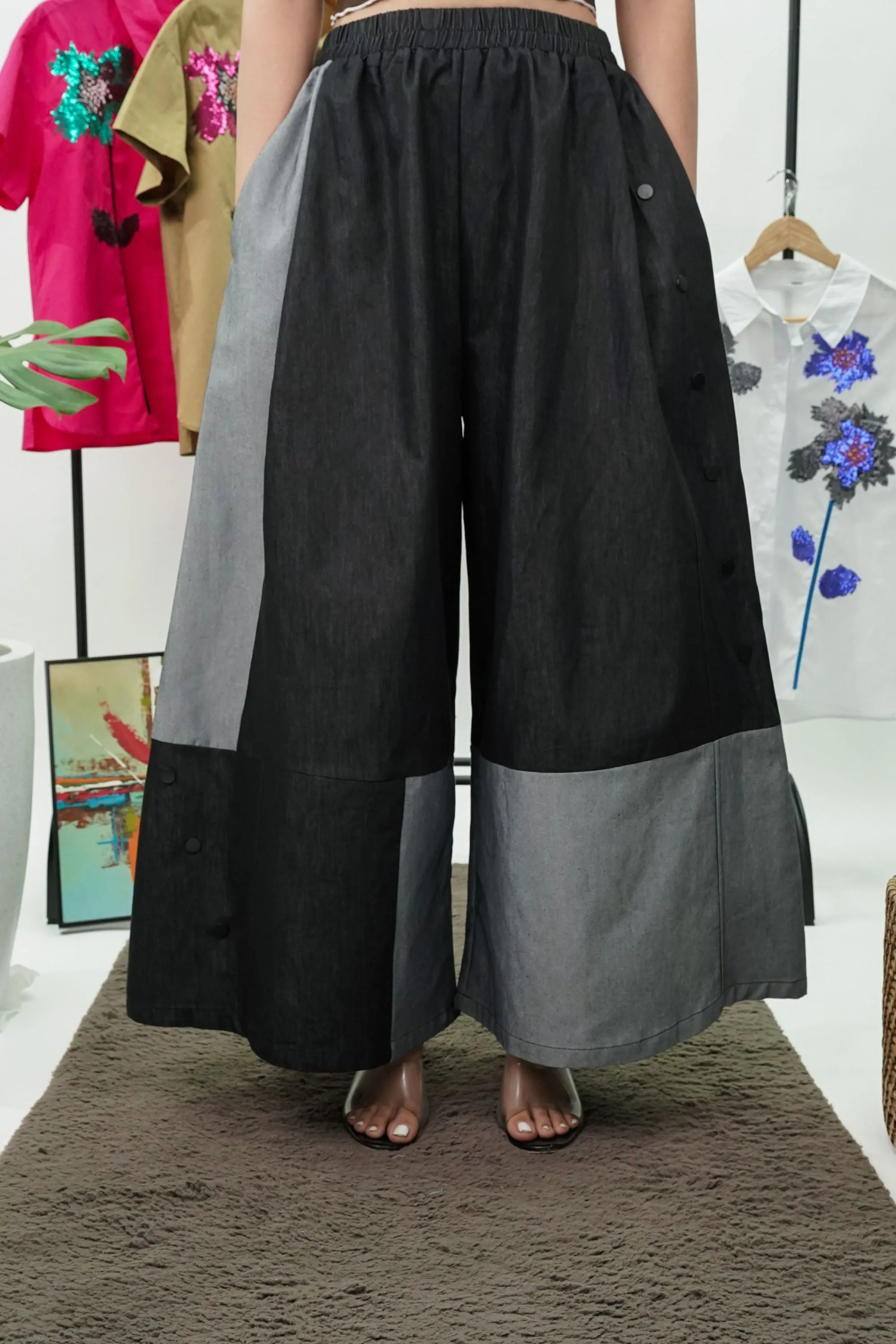 Black And Grey Wide Leg Denim Pant