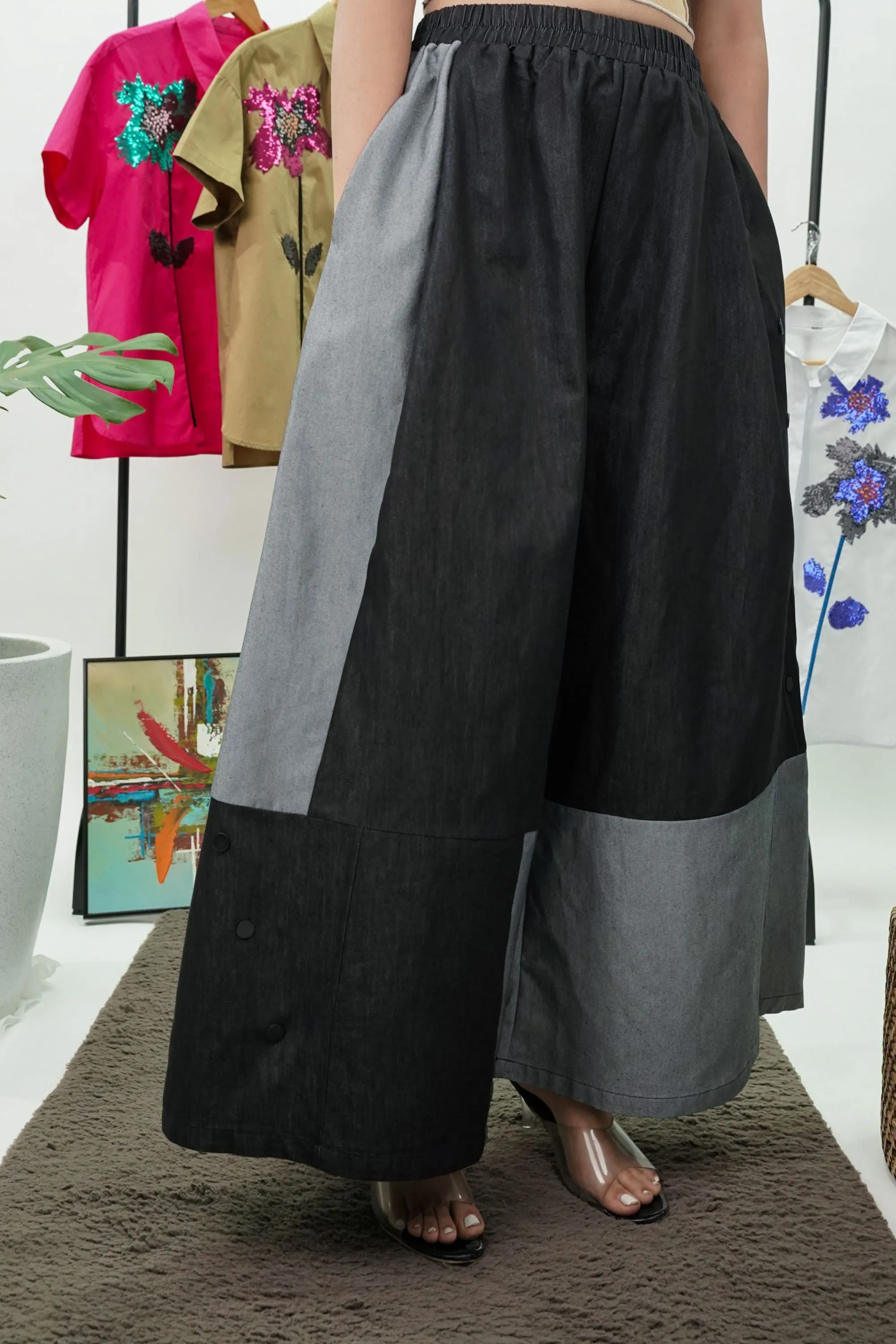 Black And Grey Wide Leg Denim Pant