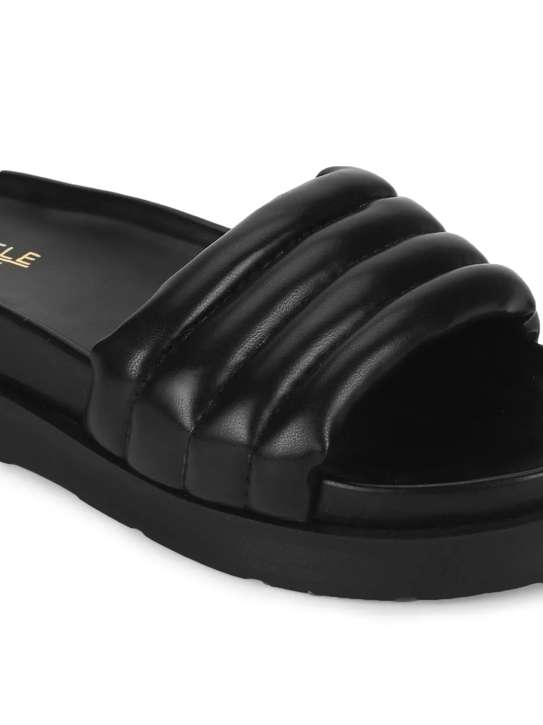 Black PU Quilted Platform Slides