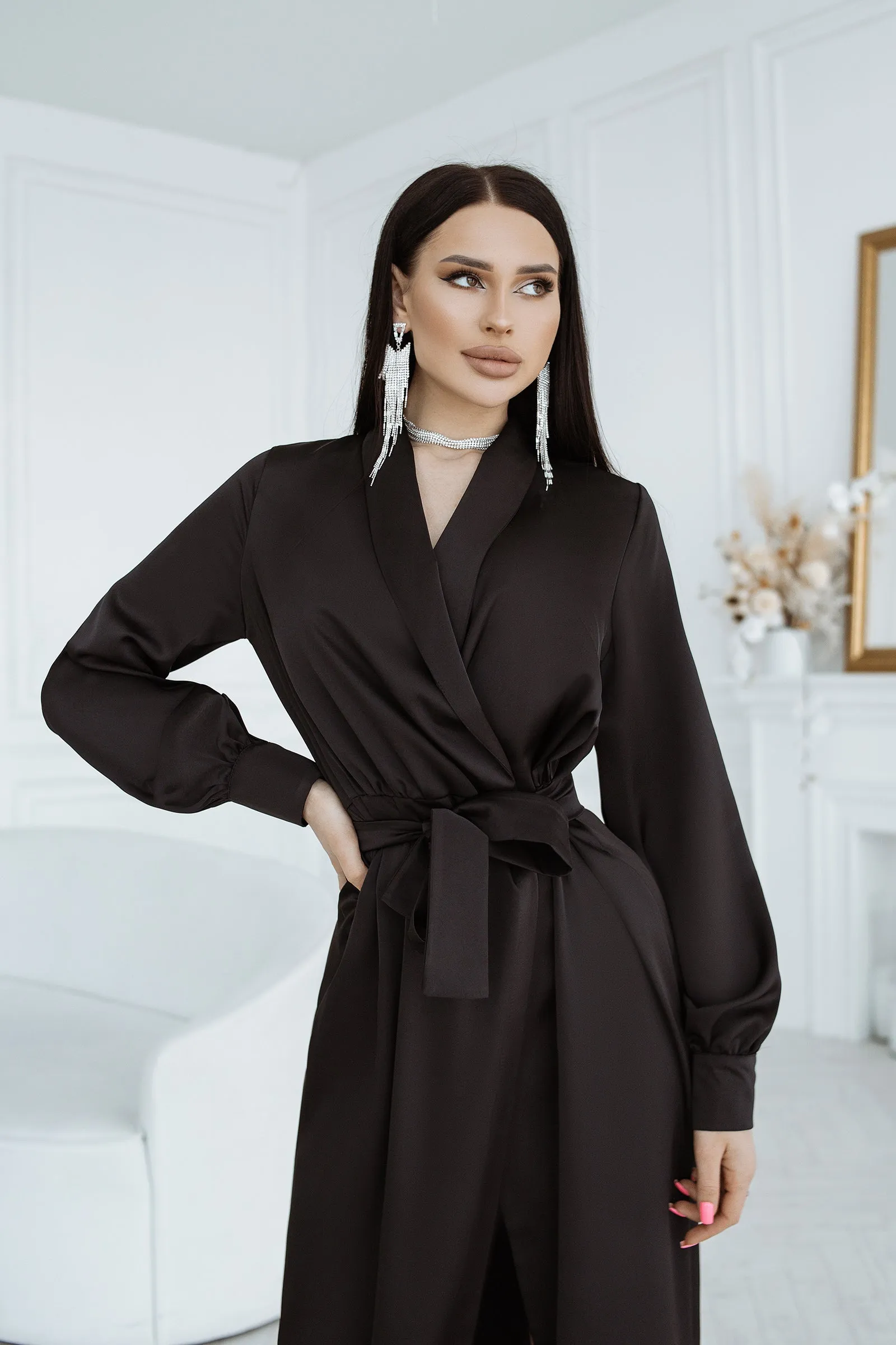 Black Puff Sleeve Wrap Dress