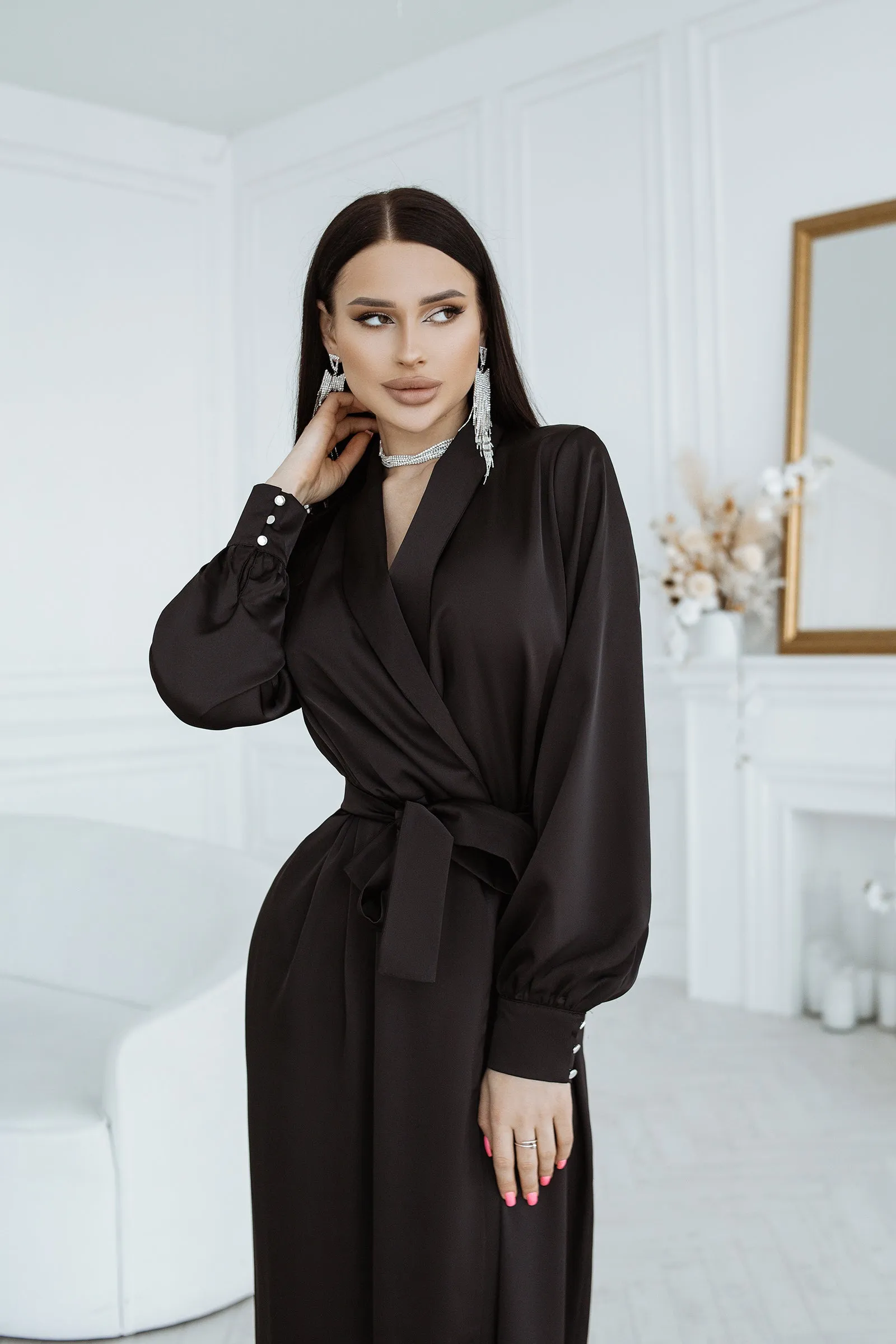 Black Puff Sleeve Wrap Dress