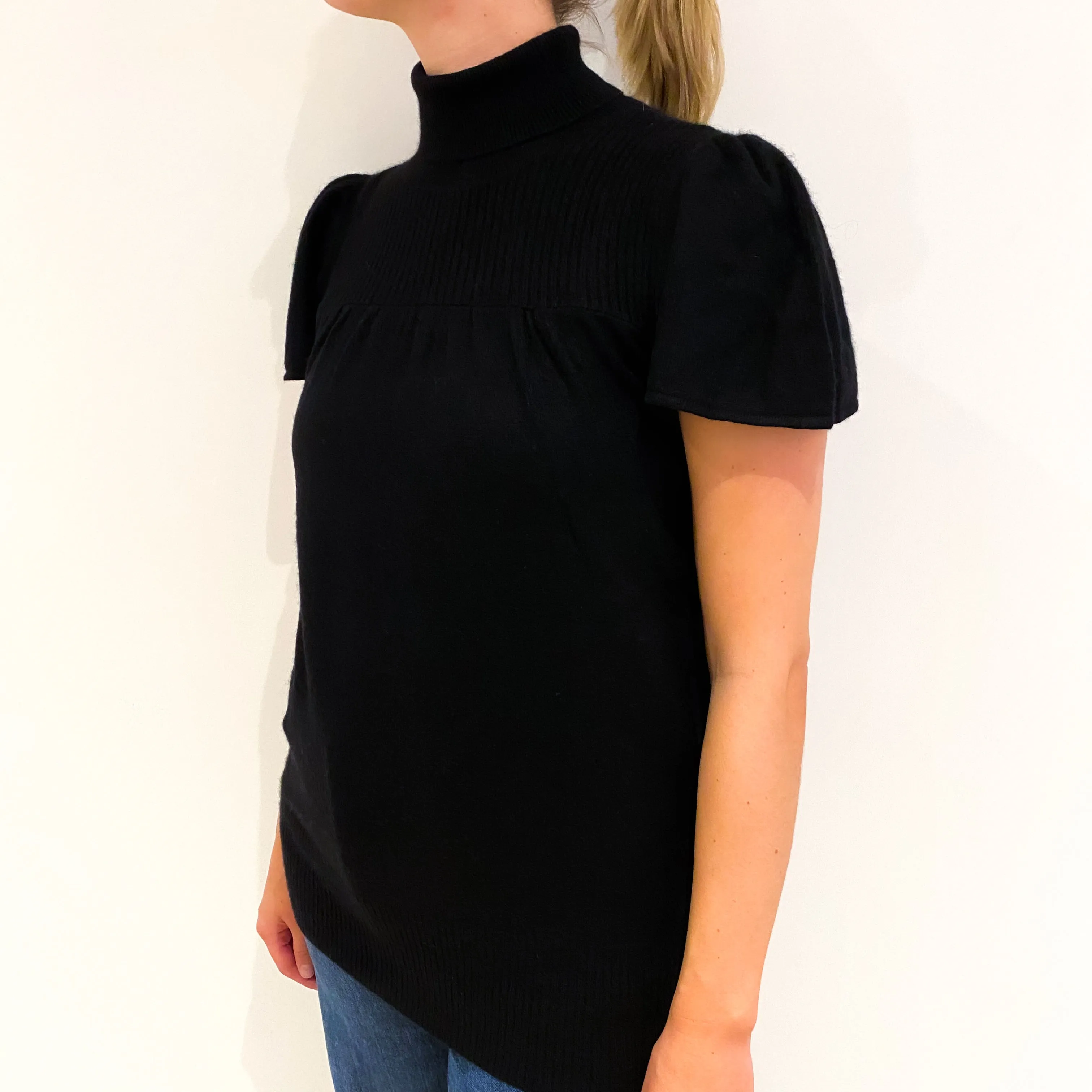 Black Short Sleeved Cashmere Polo Tunic Style Jumper Small