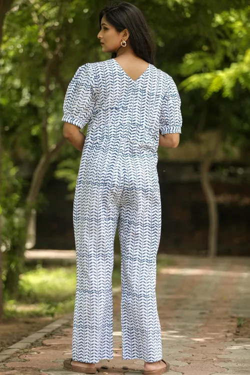 Blue Leaves Hand Block Printed  Jumpsuit