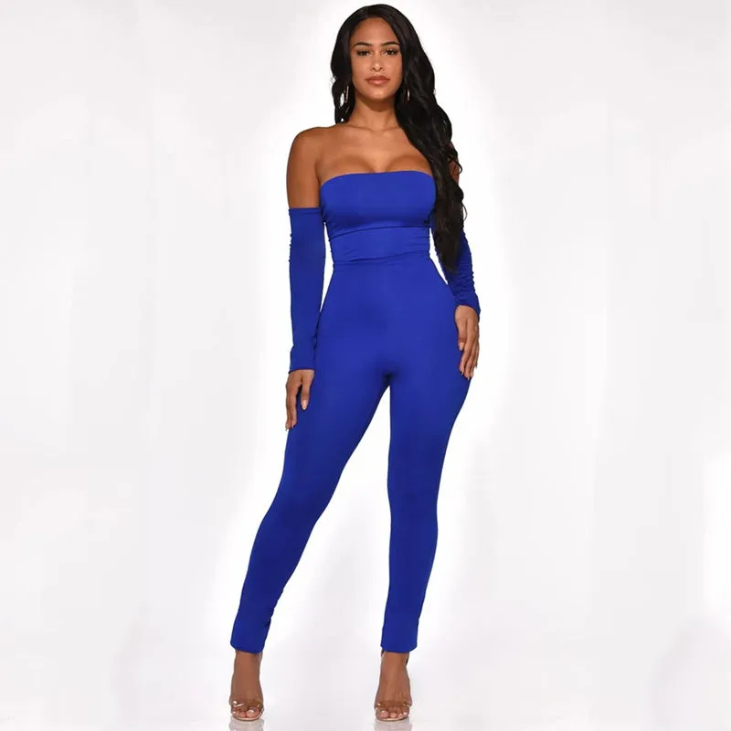 Blue Long Sleeves Bodycon Strapless Skinny Bandage Jumpsuits