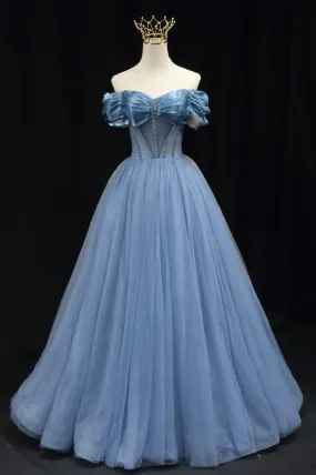 Blue Sweetheart Tulle Long Formal Dress, Off the Shoulder Evening Graduation Dress