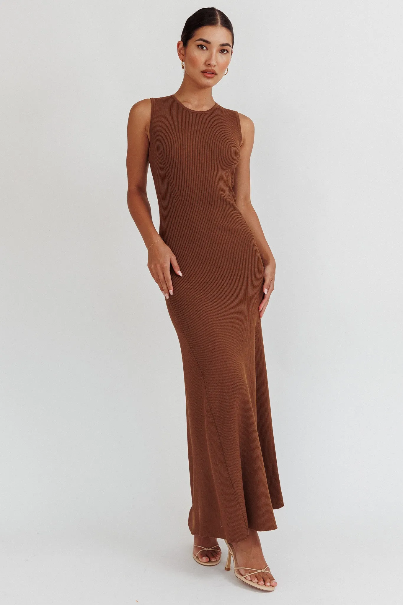 Braylee Sleeveless Ribbed Knit Maxi Dress Chocolate