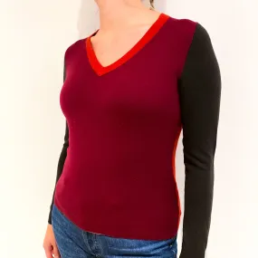 Burgundy Colour Block Cashmere V-Neck Jumper Small