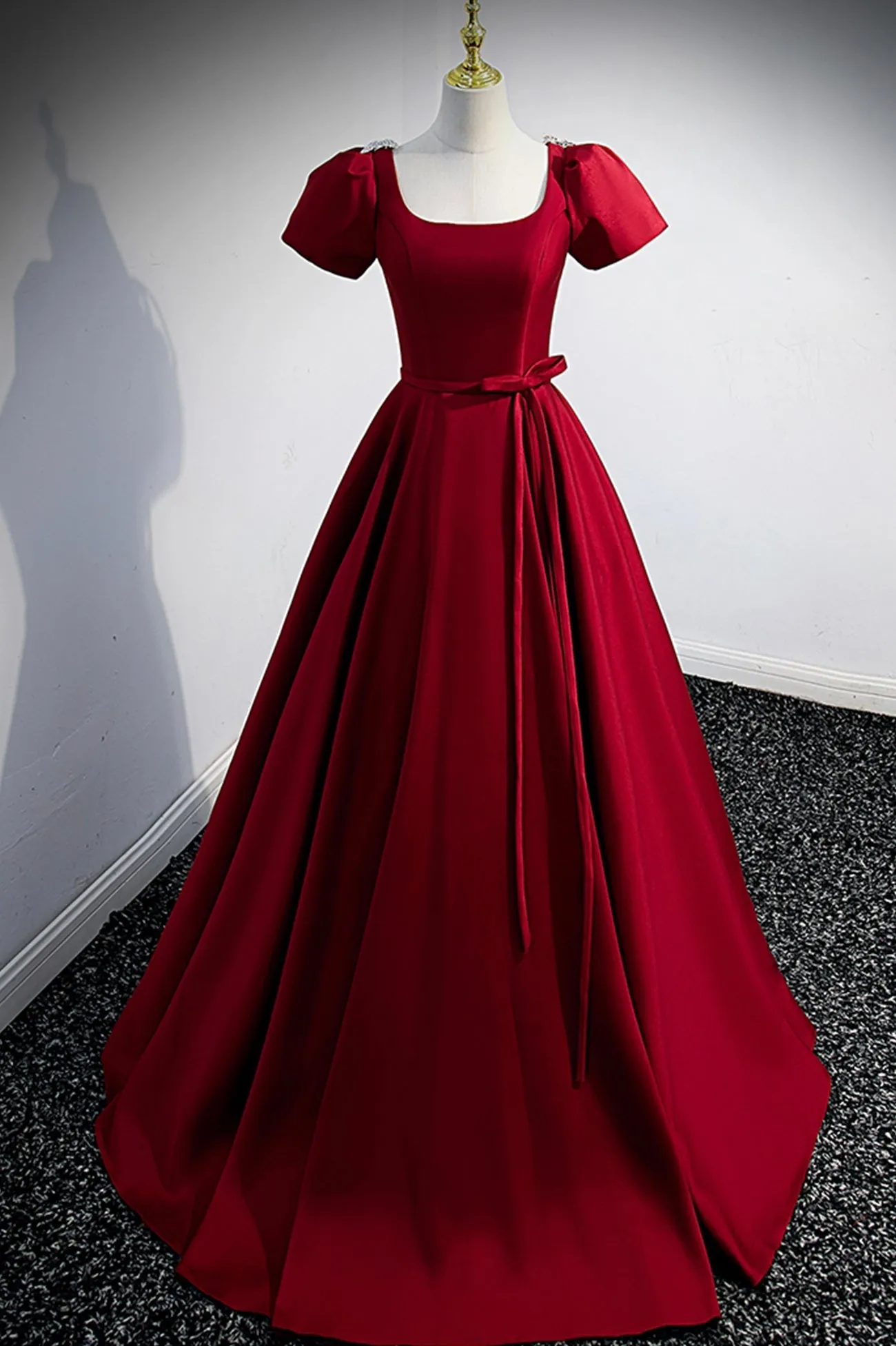 Burgundy Scoop Neckline Satin Long Prom Dress, Short Sleeve Evening Dress