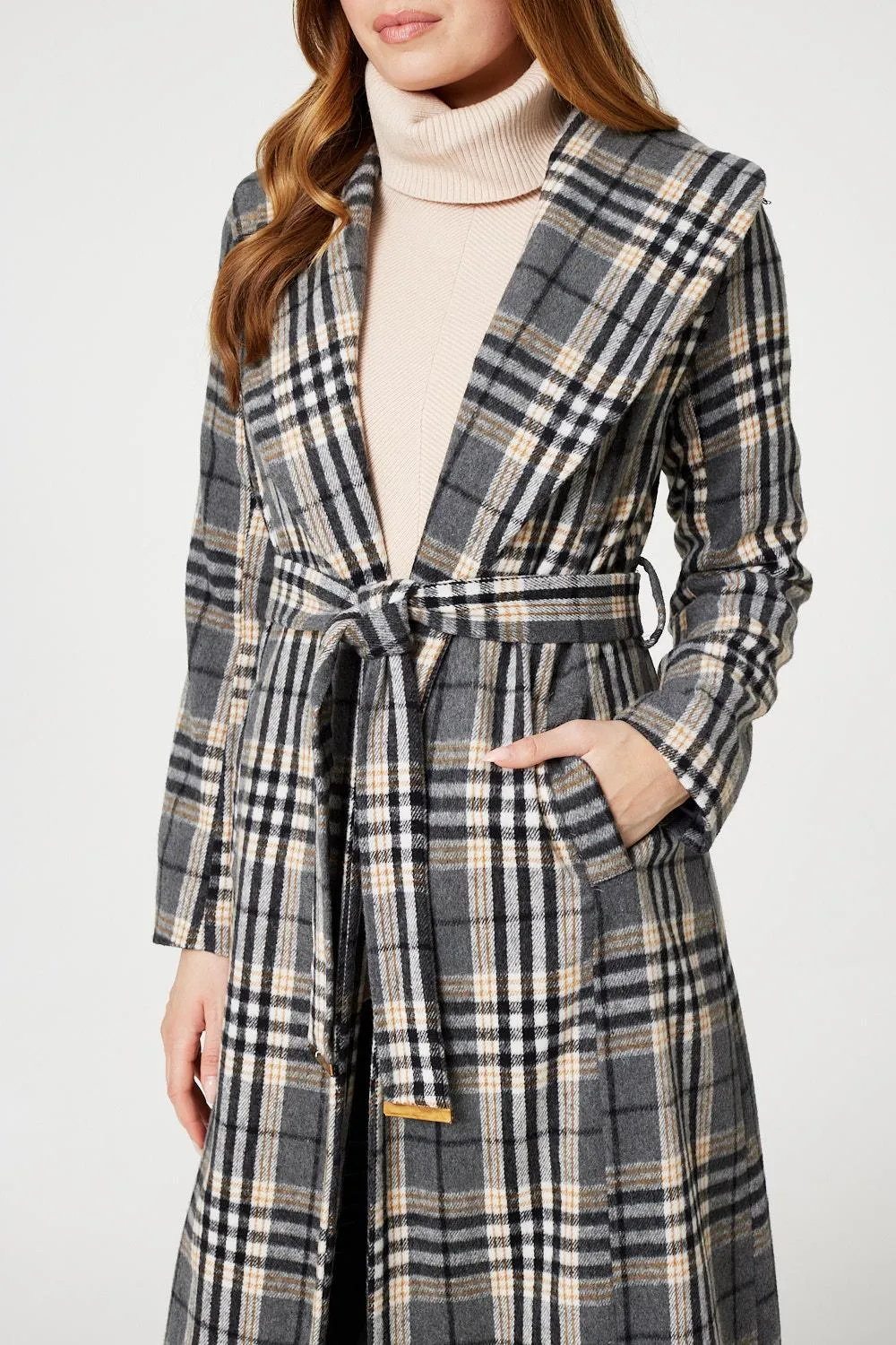 Checked Tie Waist Longline Coat