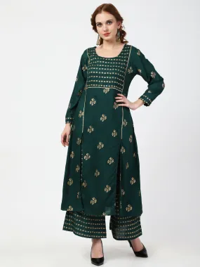 Cheera Embellished Daily Wear Cotton Blend Kurta With Palazoo - Bottle Green