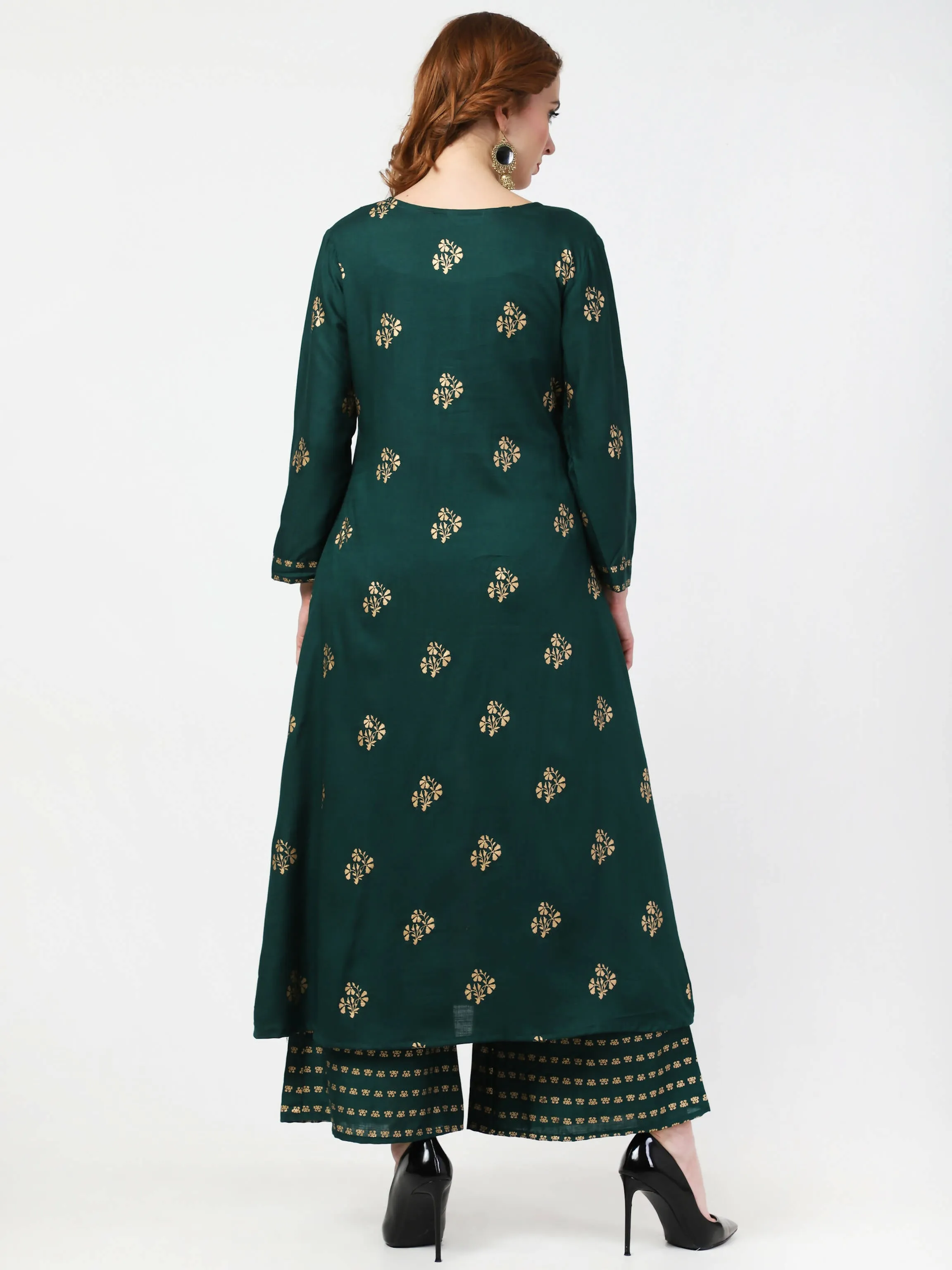 Cheera Embellished Daily Wear Cotton Blend Kurta With Palazoo - Bottle Green