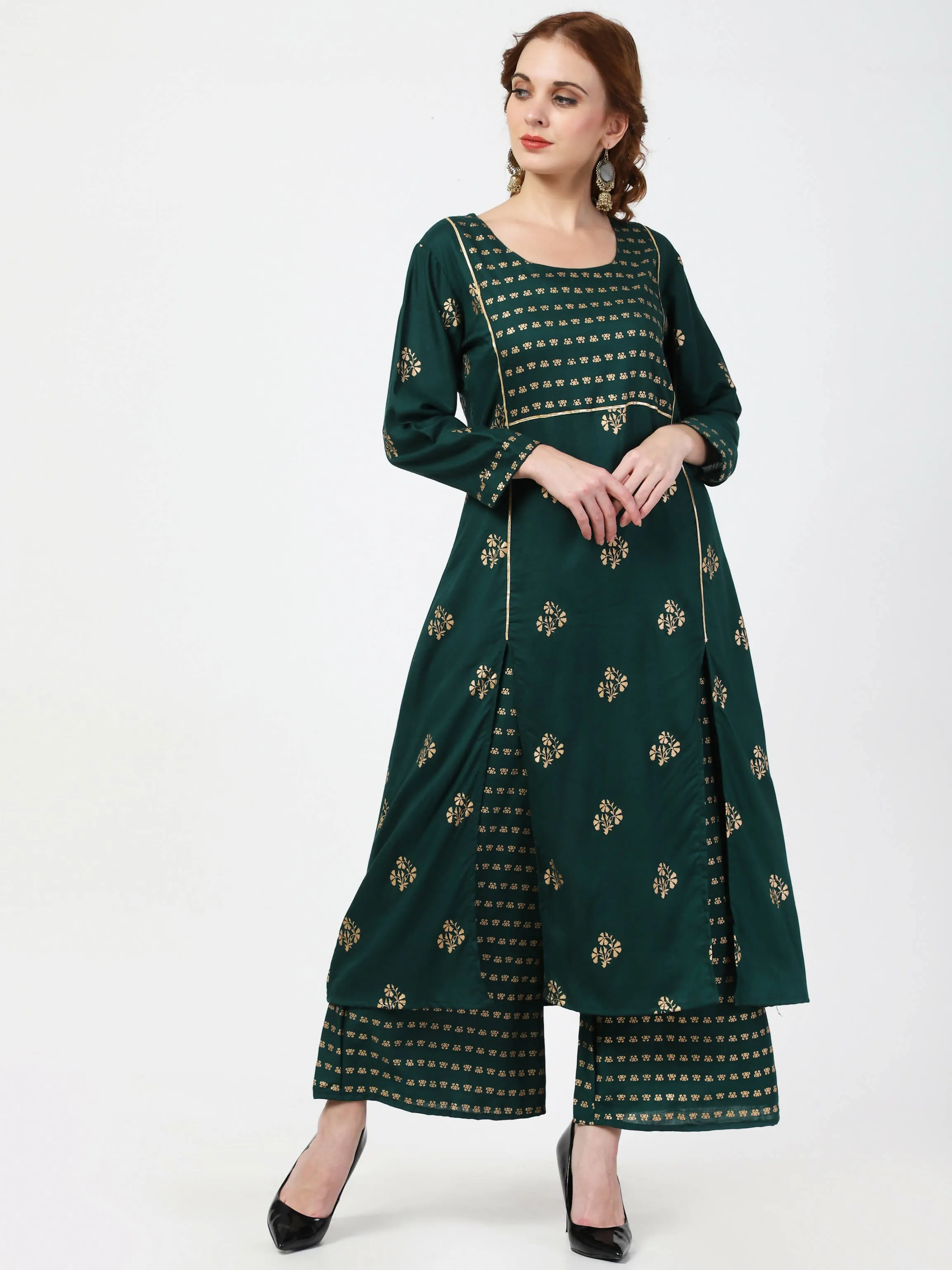 Cheera Embellished Daily Wear Cotton Blend Kurta With Palazoo - Bottle Green