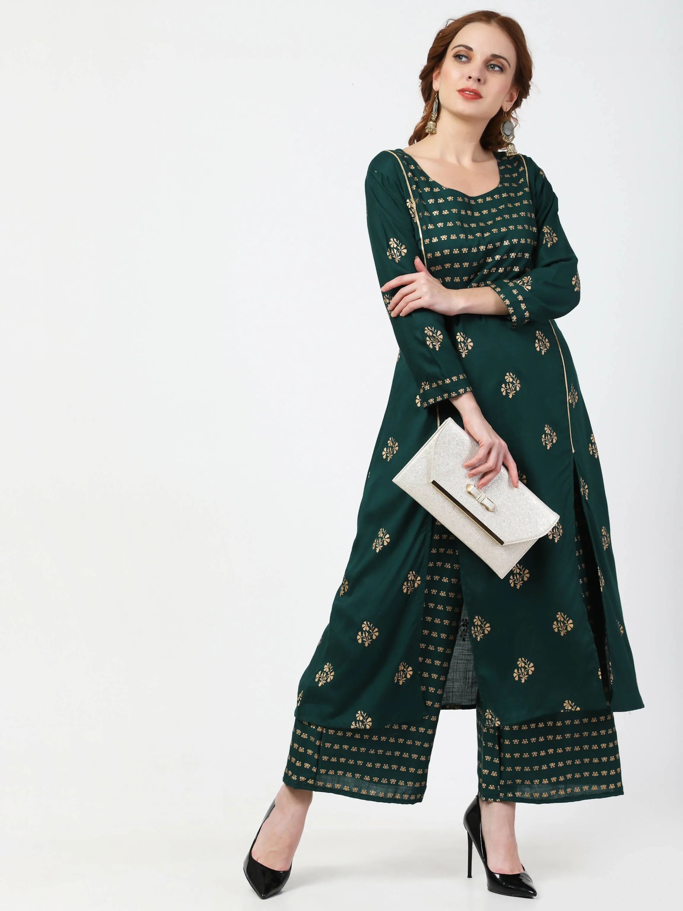 Cheera Embellished Daily Wear Cotton Blend Kurta With Palazoo - Bottle Green