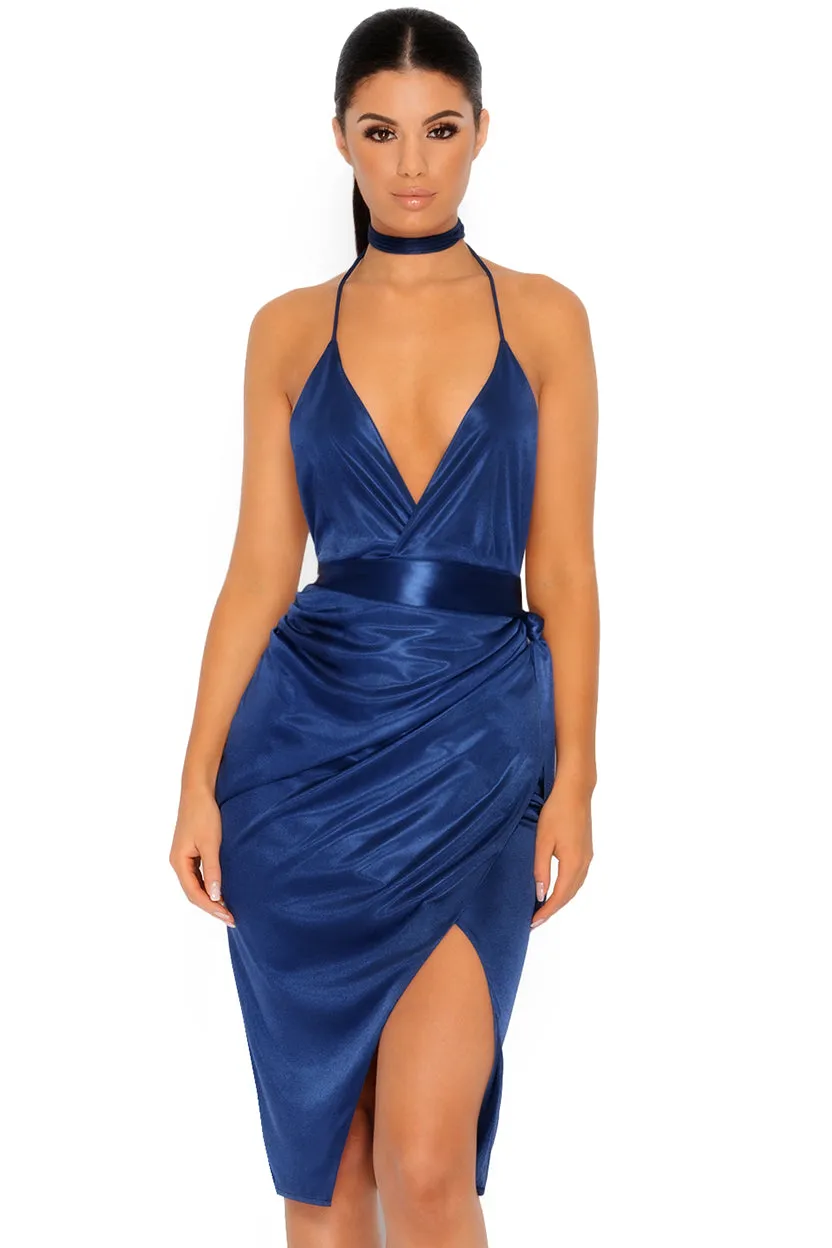 Choker Face Knee Length Satin Wrap Dress in Navy