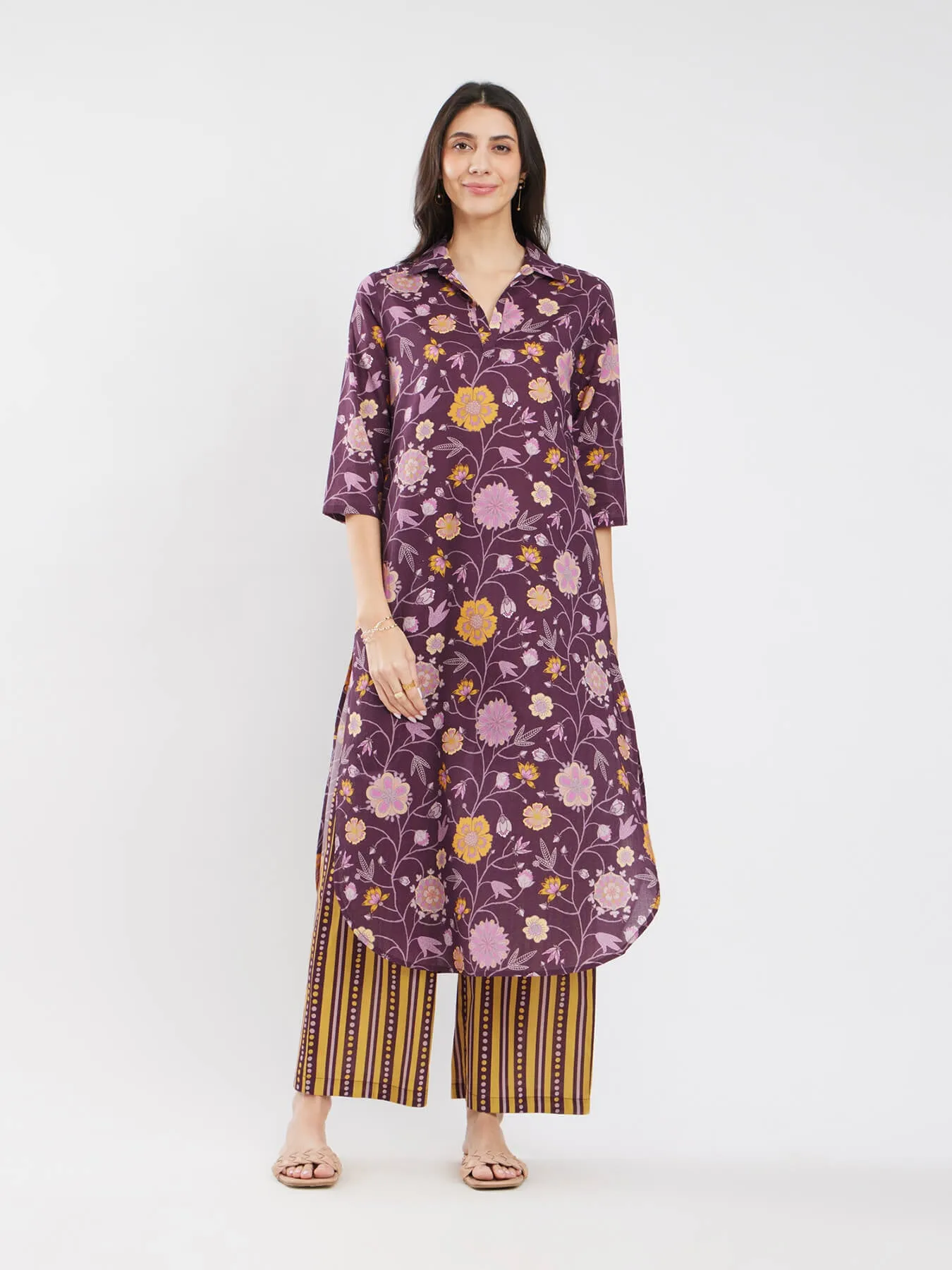 Cotton Floral A-Line Kurta Set - Purple