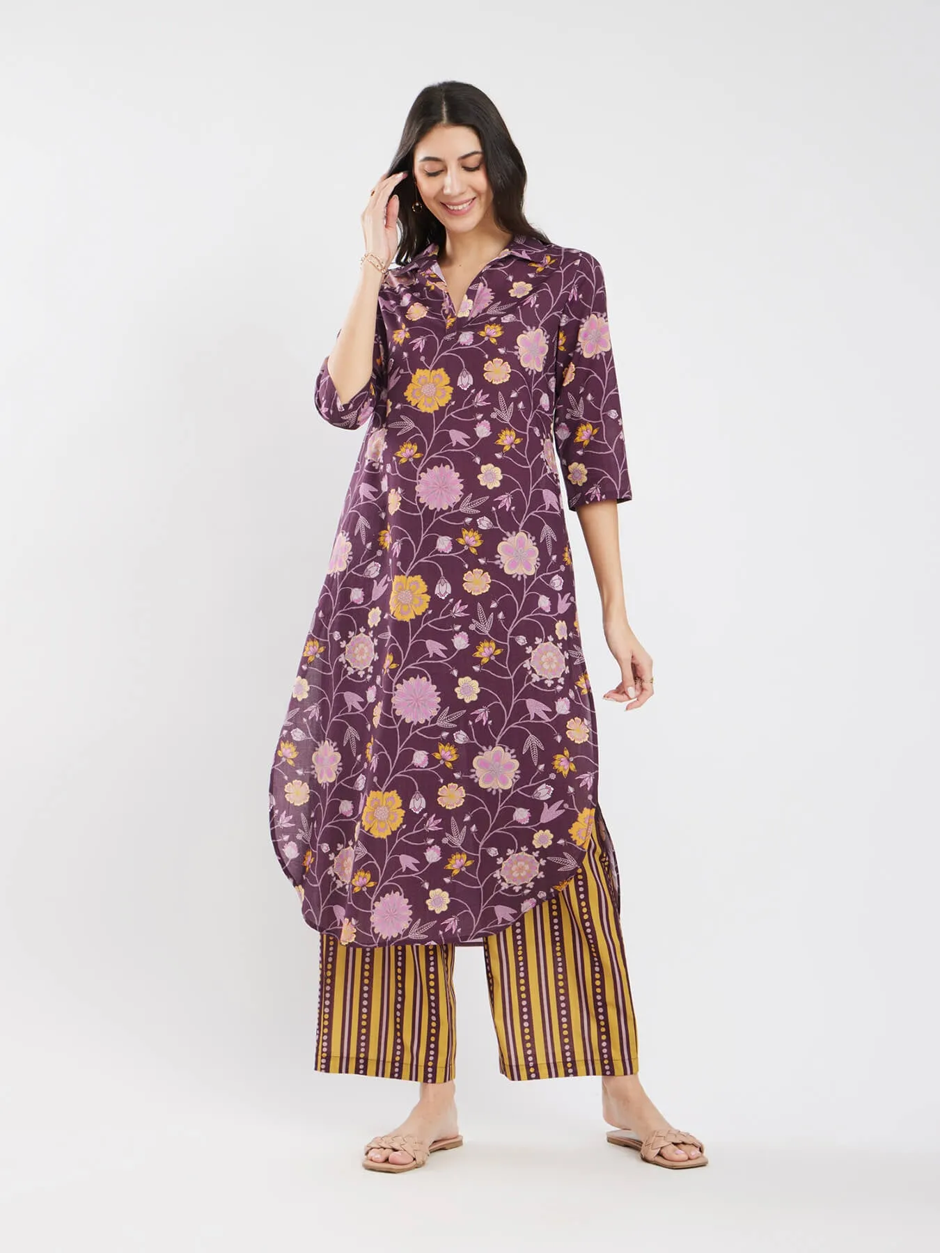 Cotton Floral A-Line Kurta Set - Purple